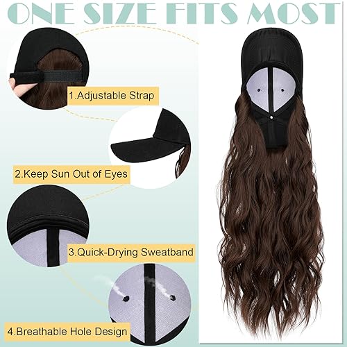 Miniatura 5 de Peluca de sombrero para mujer, gorra de béisbol con extensiones de cabello, sombrero ajustable, 24 pulgadas de largo, ondulado, peluca sintética,
