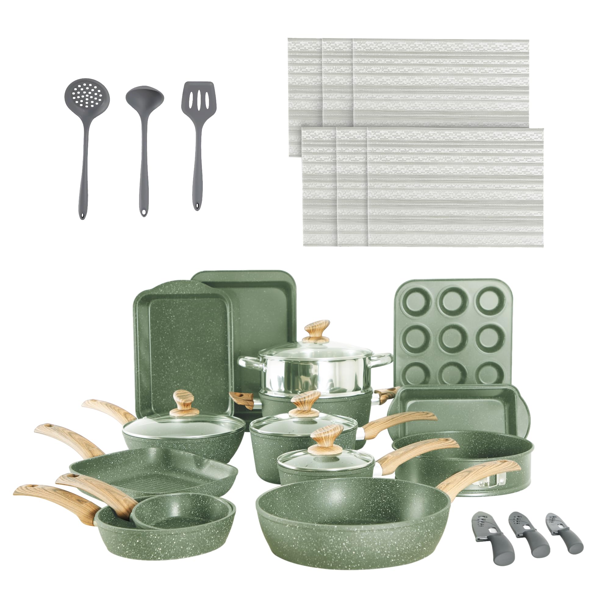 30 Piece Non Stick Induction Granite Kitchen Cookware and Bakeware Set, Pots and Pans for Cooking, Green