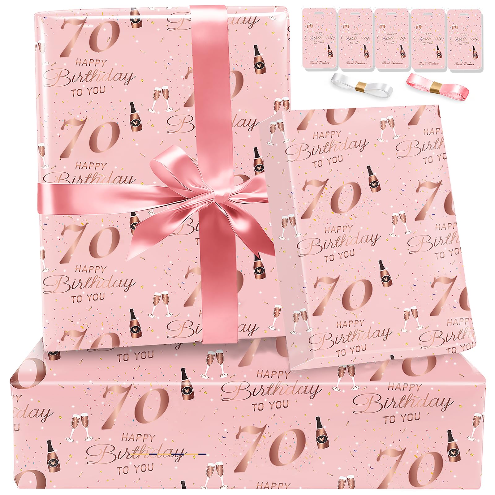 Wrapping Paper 70th Birthday Wrapping Paper Birthday Paper Sheet for Women Luxury Elegant Blush Pink Gift Wrap with Tag Ribbon Age 70 Present Gift Wrapping Paper Birthday for Mum Nan Grandma Rose Gold