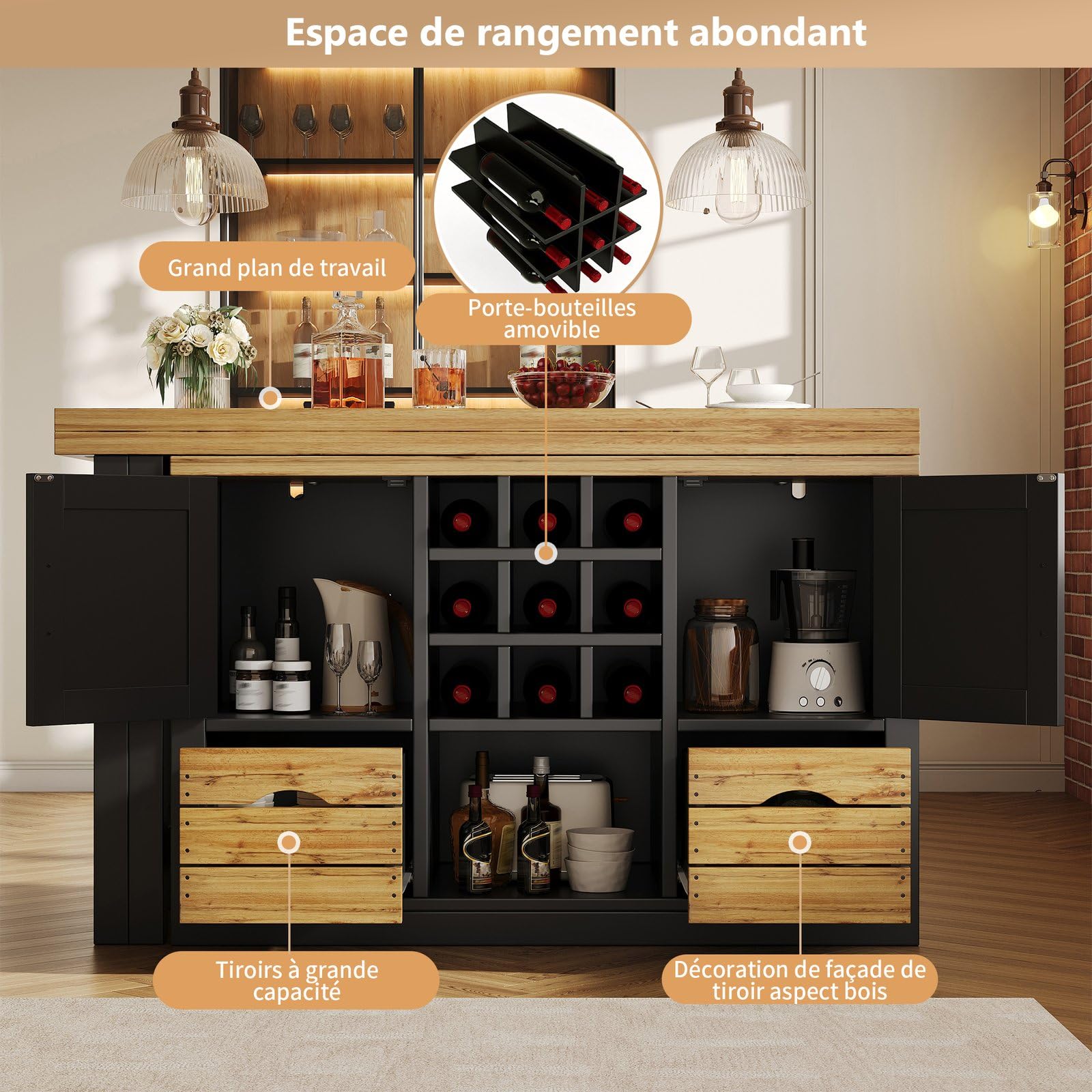 KOMHTOM îlot Central Cuisine Extensible,Noir,120-197 cm,avec Rangement