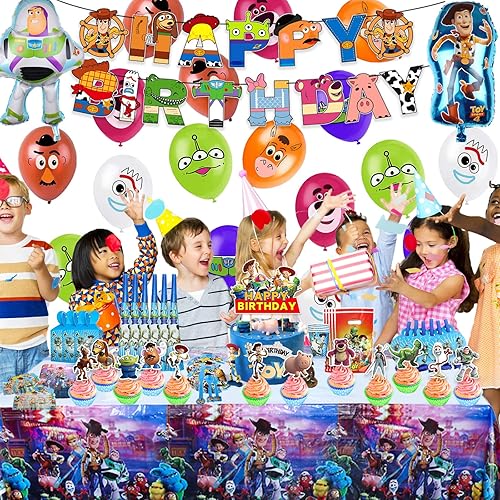 Miniatura 7 de 195 piezas de suministros de fiesta de cuentos para 10 invitados, decoraciones de cumpleaños, incluye mantel, pancarta de cumpleaños, decoración de