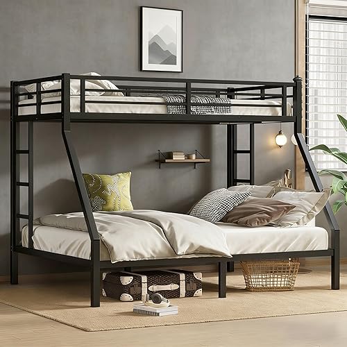 Bellemave Litera individual XL sobre tamaño Queen con escaleras, marco de literas de metal con barandillas de longitud completa, litera resistente