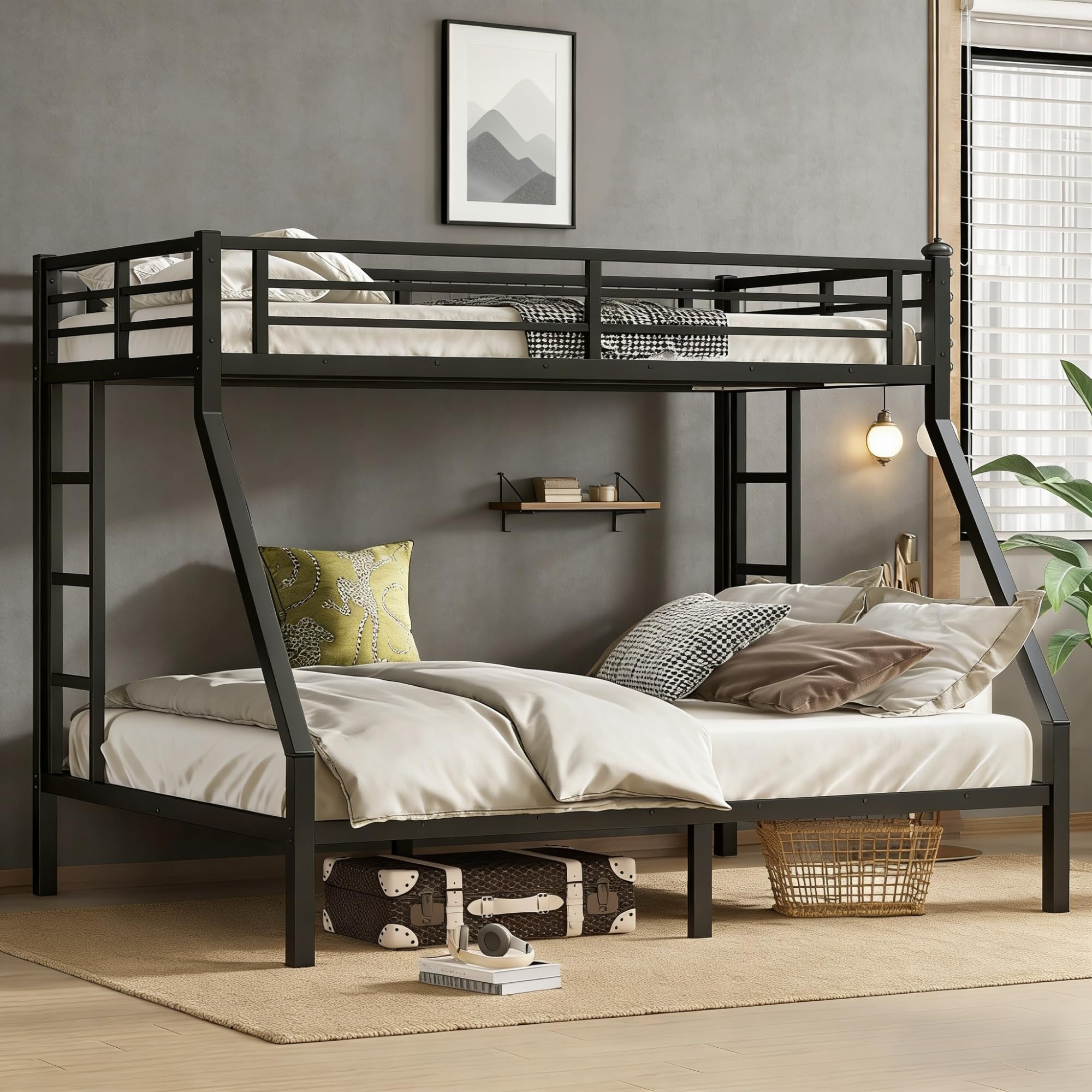 Bellemave Twin XL Over Queen Bunk Bed with Ladders, Metal Bunk Beds Frame with Full-Length Guardrails, Heavy-Duty Bunkbed for Bedroom, Guest Room,