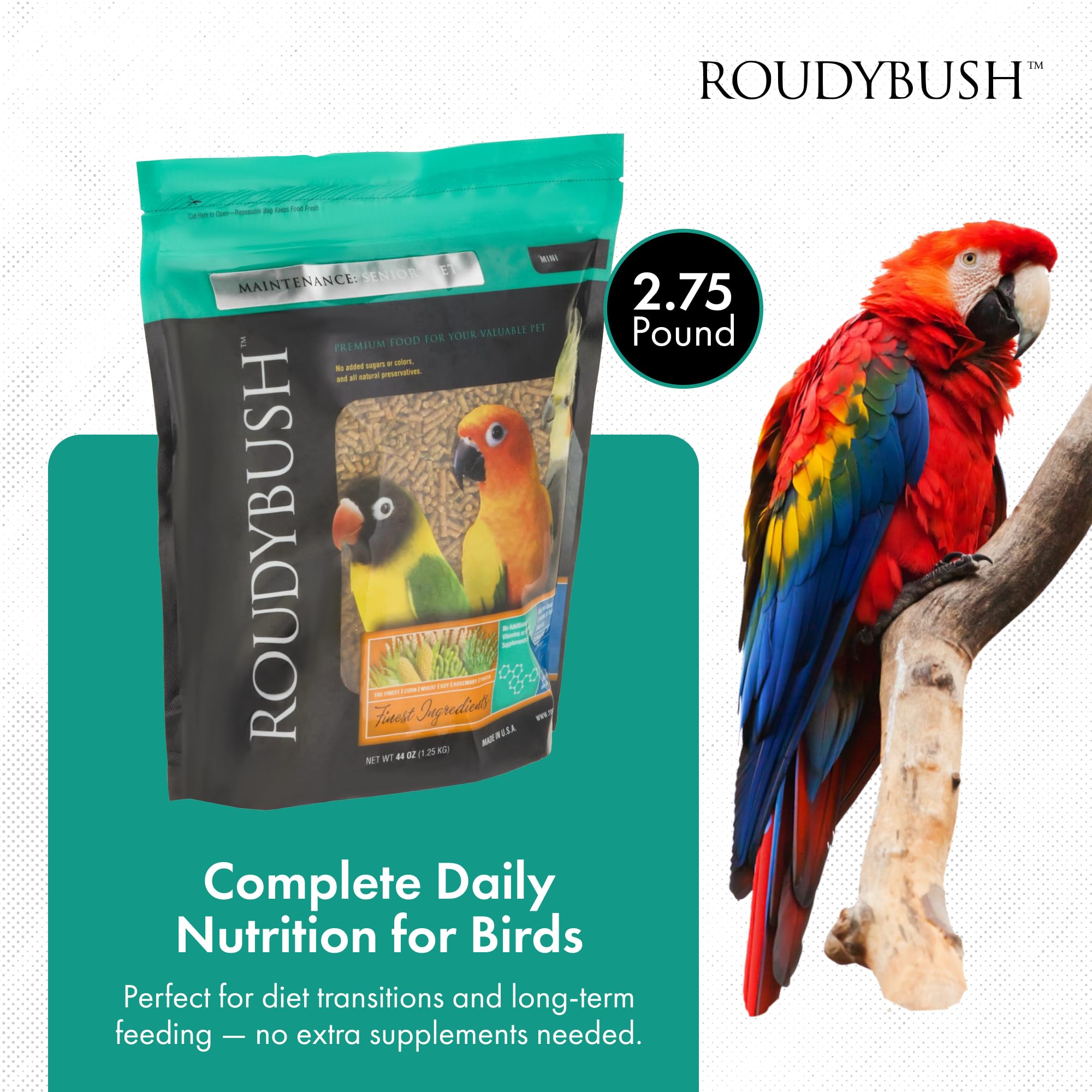 RoudyBush Senior Diet Bird Food, mini pellets, 44 onzas