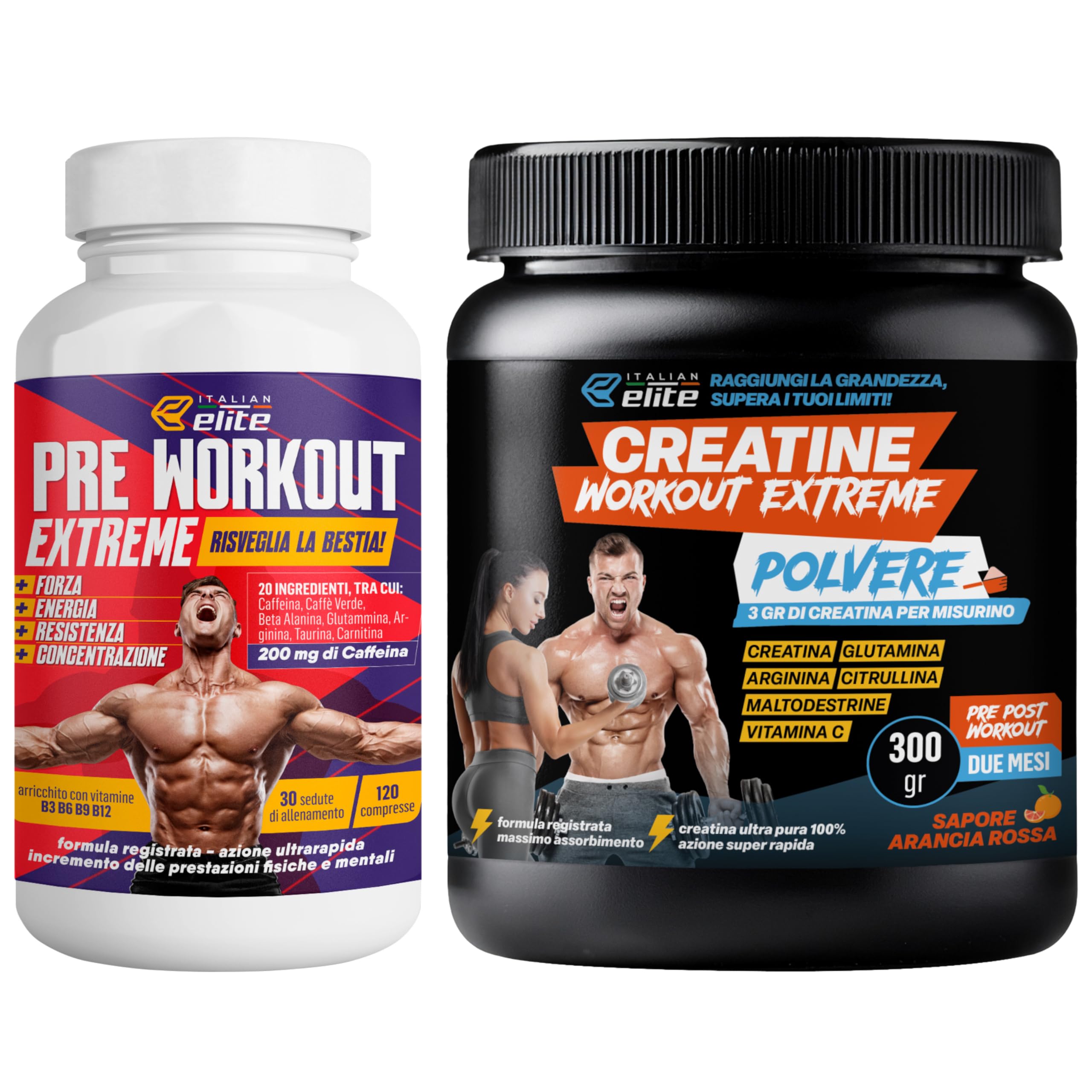 Italian Elite® Pre Workout & Recupero Muscolare, Ricco di Caffeina e Creatina. Pre Workout Extreme + Creatine Extreme