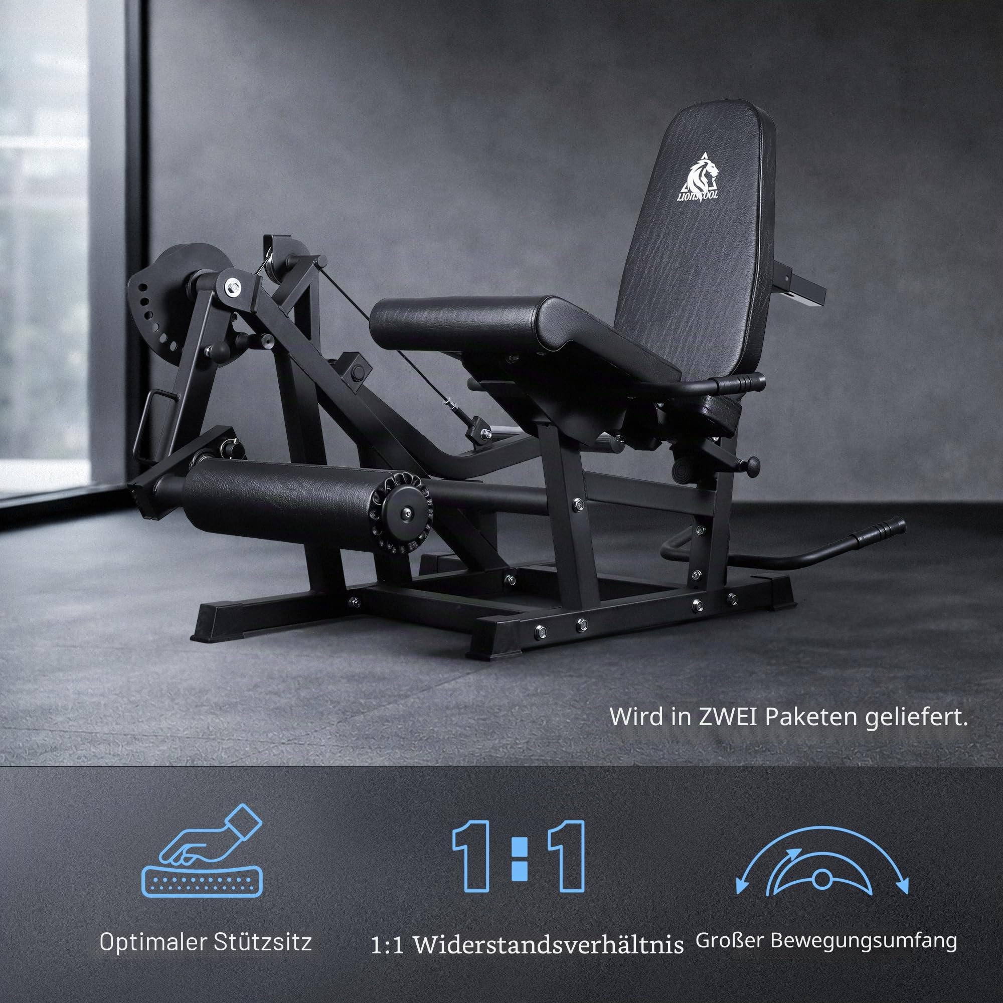 LIONSCOOL Beinverlängerungs- und Beincurl-Maschine V4.0, 360 KG Kapazität, verstellbare sitzende Beinextension, liegende Beinbeugebank, kabelbetrieben, für 5CM Hantelscheiben geeignet , Home-Gym
