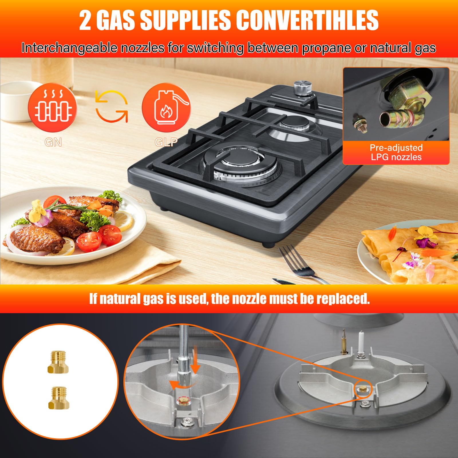 Gas Hob,Built-in Stainless Steel Gas Hob 2 burners with Flame Failure Protection,Cast iron grille,Power cable110cm/43in,Cast Iron Pan Support,LPG/NG Kit,51cm x 31cm — view 7