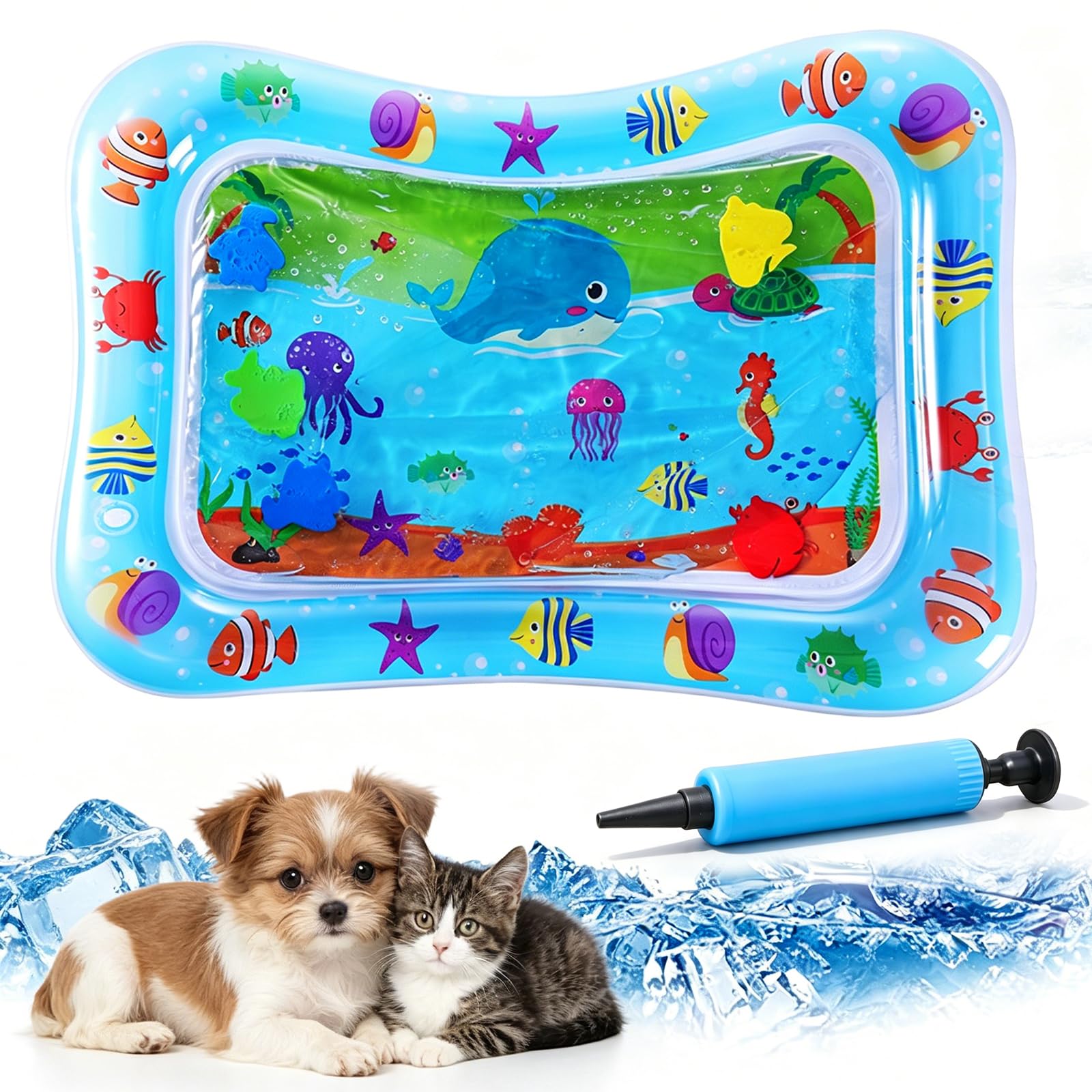 Pet Water Sensory Mat, 37.4" Large Cat Water Mat with Floating Fish, Interactive Cooling Mat for Cats & Dogs, Thickened Leak-Resistant Water Play Mat, Indoor Outdoor Pet Enrichment Toy (Square-5)