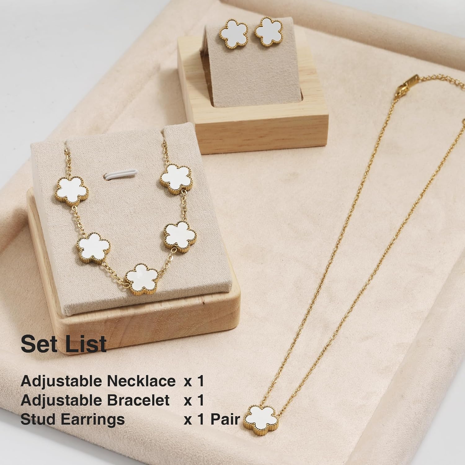 18K Gold Five Leaf Clover Jewelry Set - Complete Necklace Bracelet Earrings Gift Set for Women - Image 4