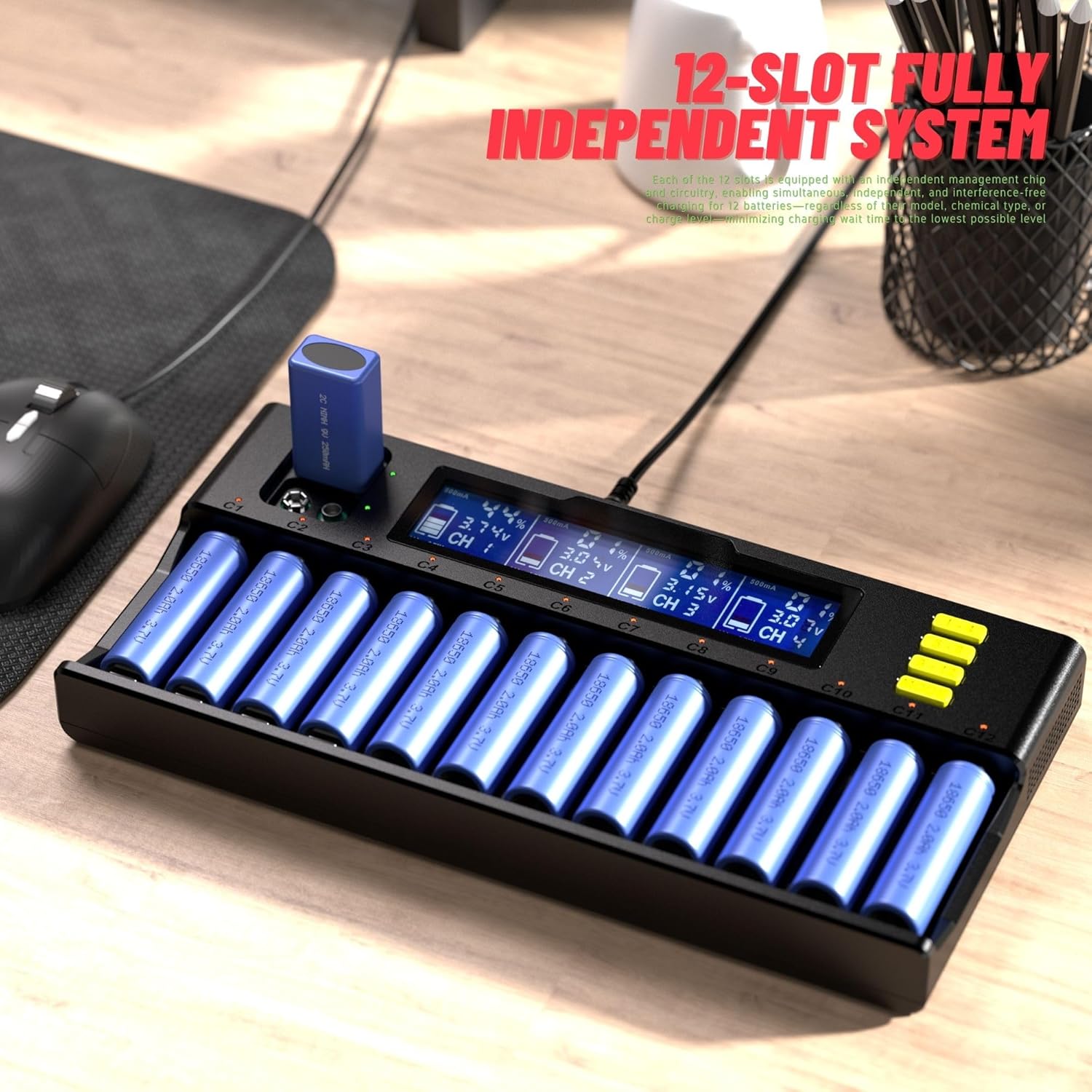 18650 Battery Charger, 12 Slots Batteries Charger with LCD Display, Universal Battery Charger for Li-ion LiFePO4 RCR123 16340 26650 10440 14500 & 9V,NiMH NiCd AAA AA