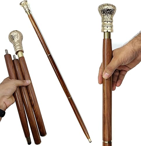 5MOONSUN5 Bastón de madera para hombre y mujer, mango de latón de ébano marrón de 37 pulgadas en tono dorado, madera natural unisex