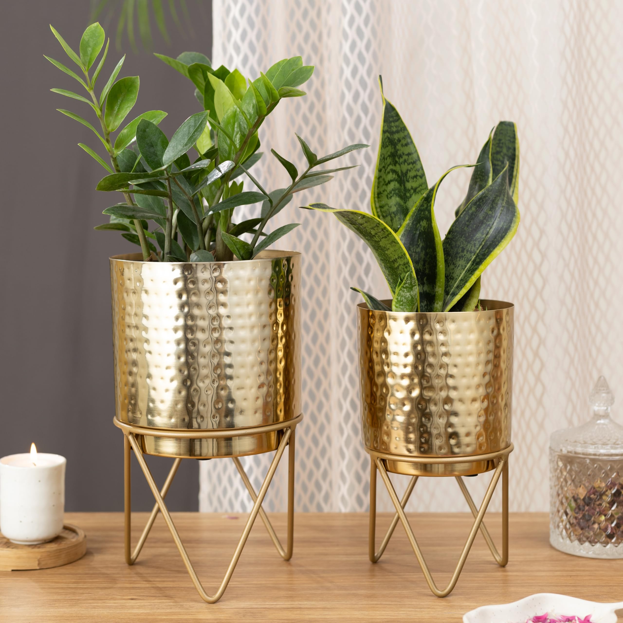 HomeShastra® Elle Gold Hammered Metal Planter Set with Stand | 12 Inch & 10 (Height) by 7 Inch & 6 Inch (Dia) | Planters for Living Room, Bedroom Decor (Pack of 2)
