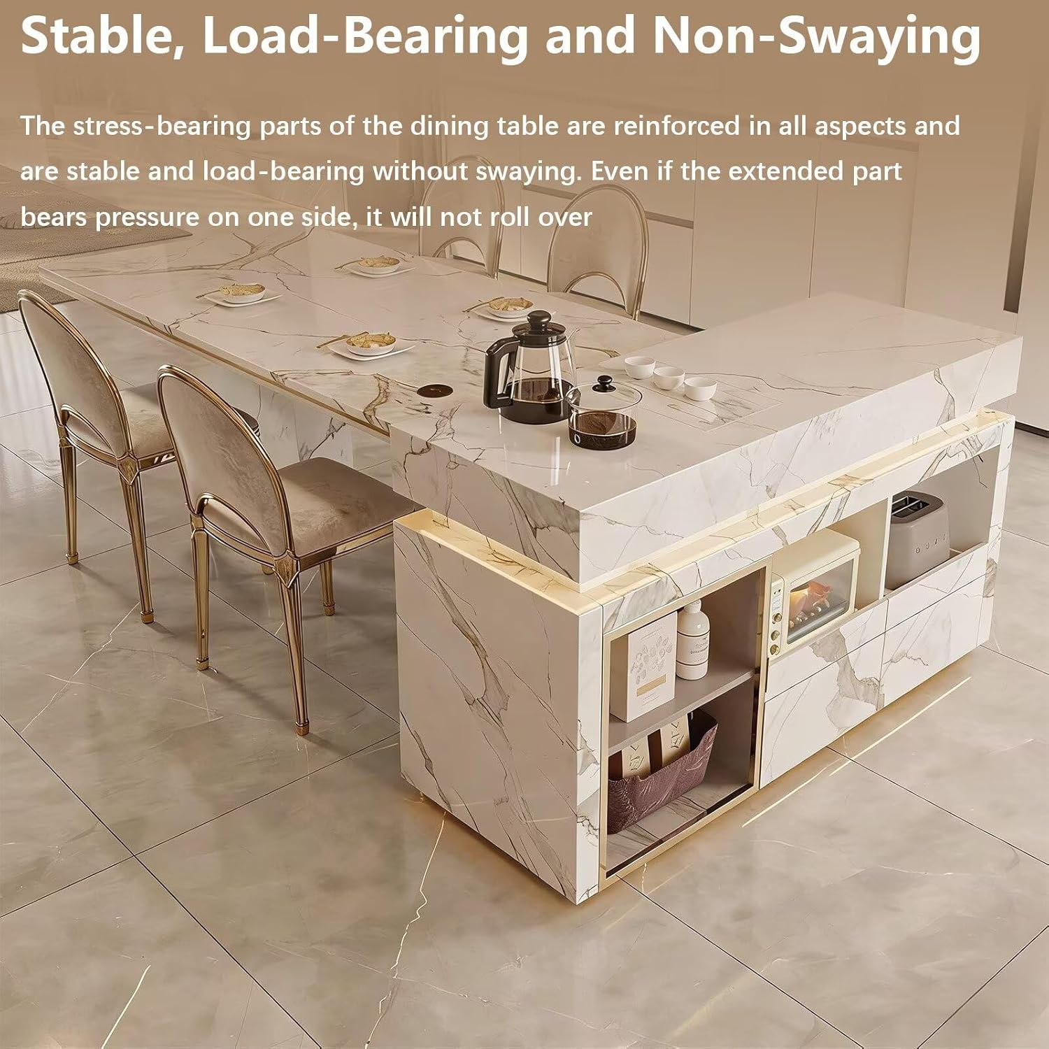 Kitchen Island with Storage, Luxurious Extendable Dining Table with Built-in Socket, 2 Drawers, Open Shelves & Compartments, White and Gold (68IN No Chairs)