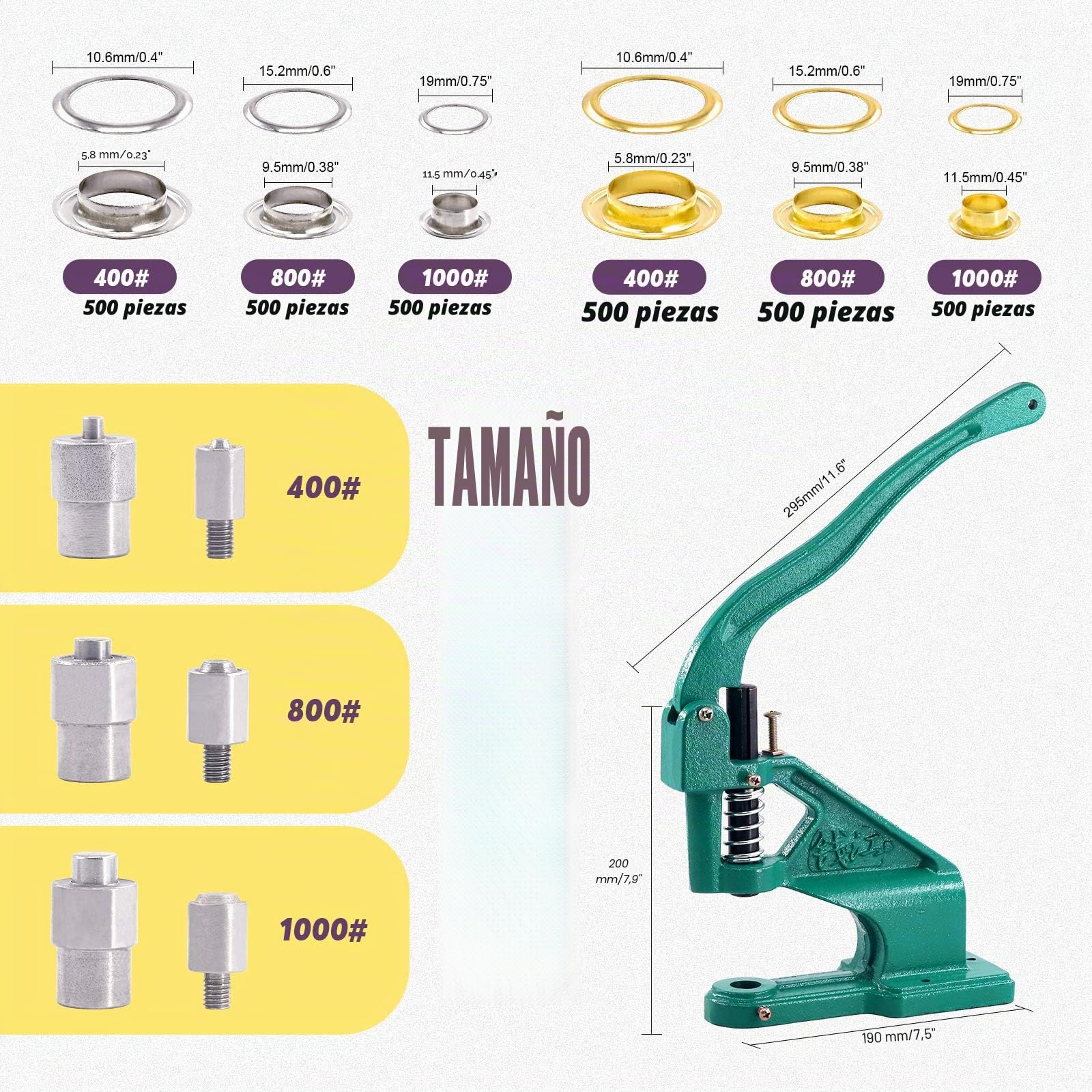 Swpeet Kit de perforación de ojales de prensa manual resistente, incluye 3 troqueles (#0#2#4) y 3000 ojales plateados/dorados y kit de herramientas de base rodante para herramienta de agujero de