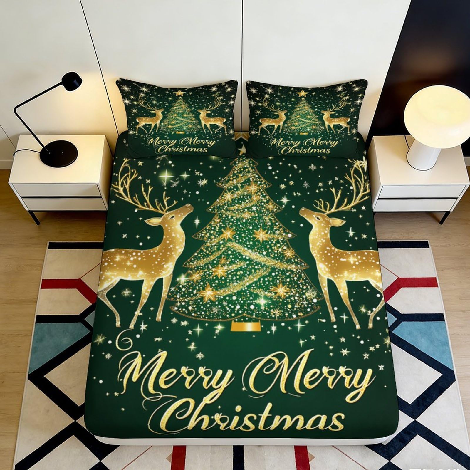 3D Printed Christmas Tree Fitted Sheet Microfiber Soft Reindeer Bed Cover Bedroom Guest Room Decor Machine Washable 90x200x25cm