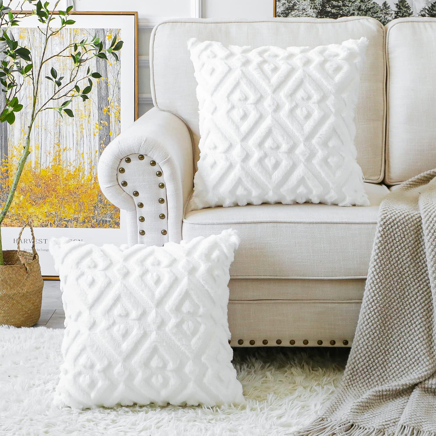 Artscope Pack of 2 Soft Plush Short Wool Velvet Decorative Throw Pillow Covers Luxury Style Cushion Covers European Pillow Shell for Sofa Bedroom Diamond Shape Pure White, 26x26 Inch