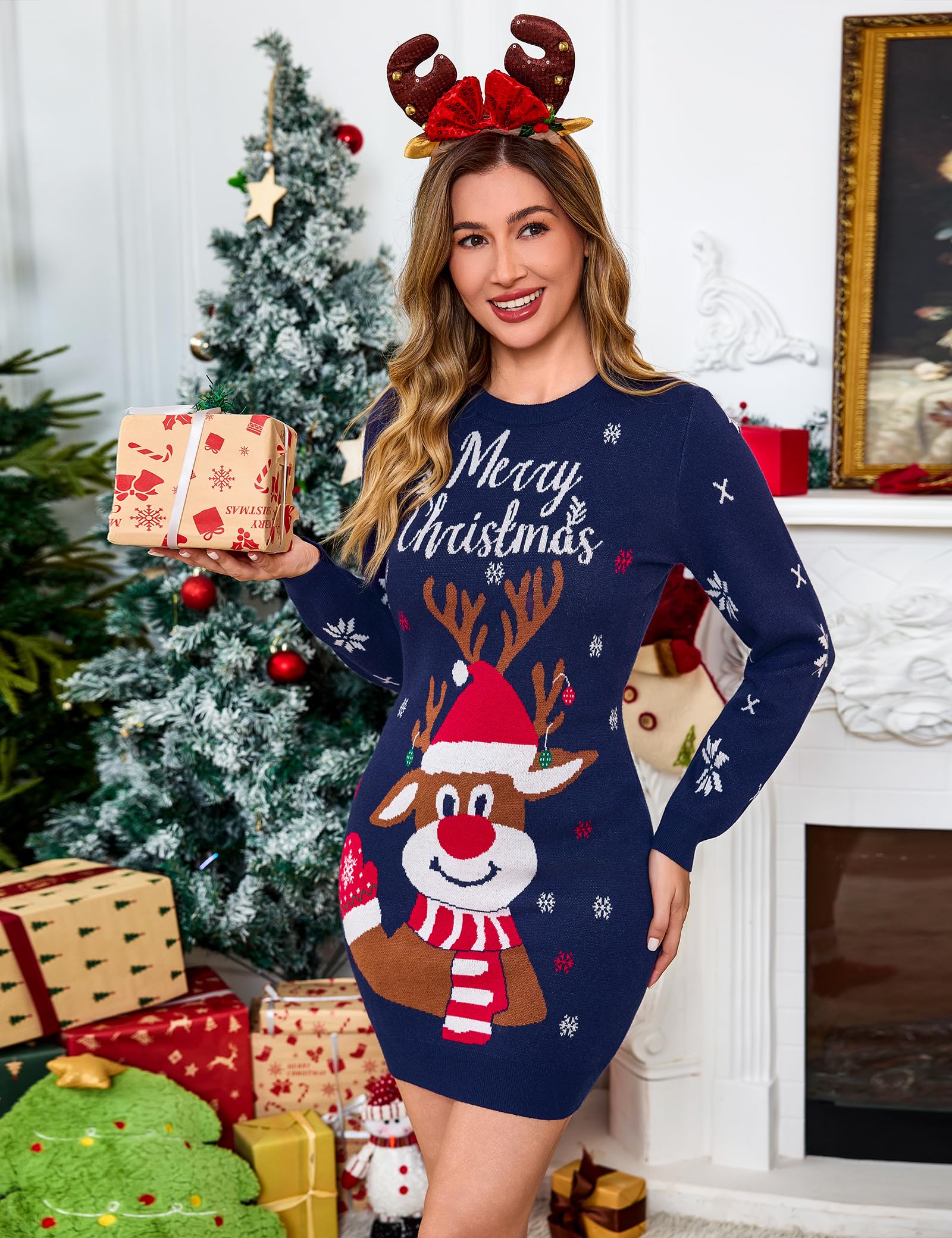 Gyabnw Vestido de Punto Navideño Mujer Manga Larga Cuello Redondo