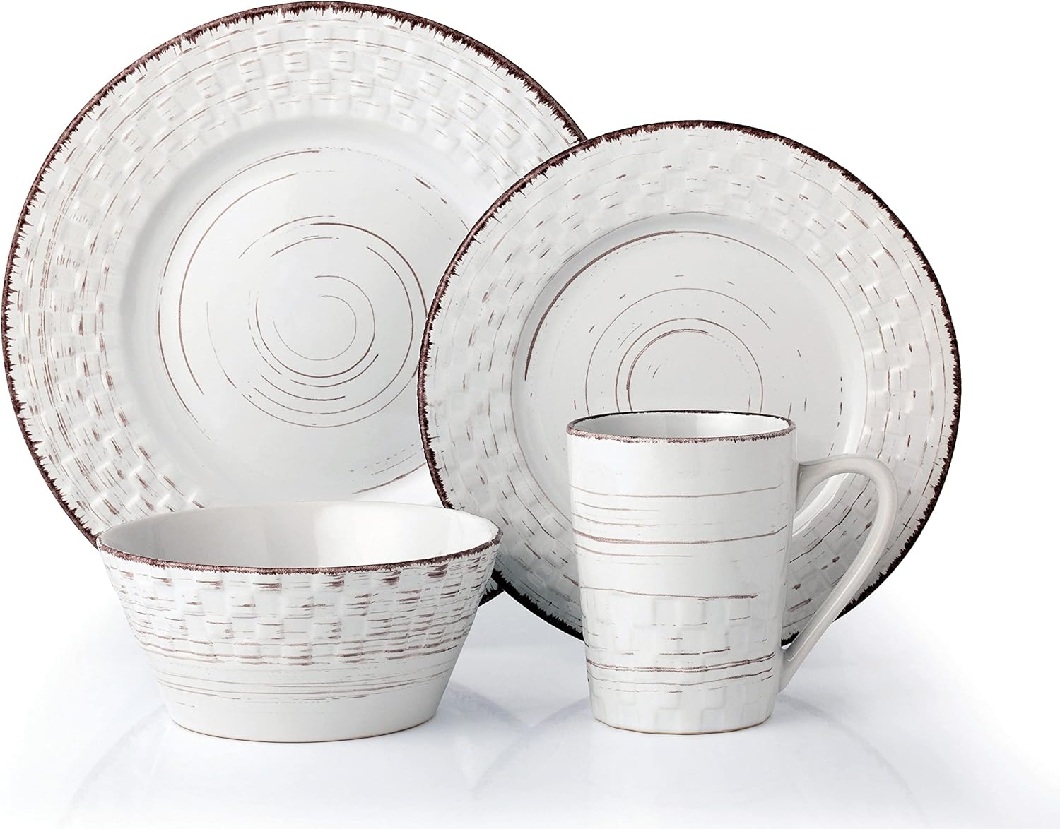Stylish and Elegant 16 Piece Stoneware Dinnerware Service Set for 4 People - Distressed Weave, White