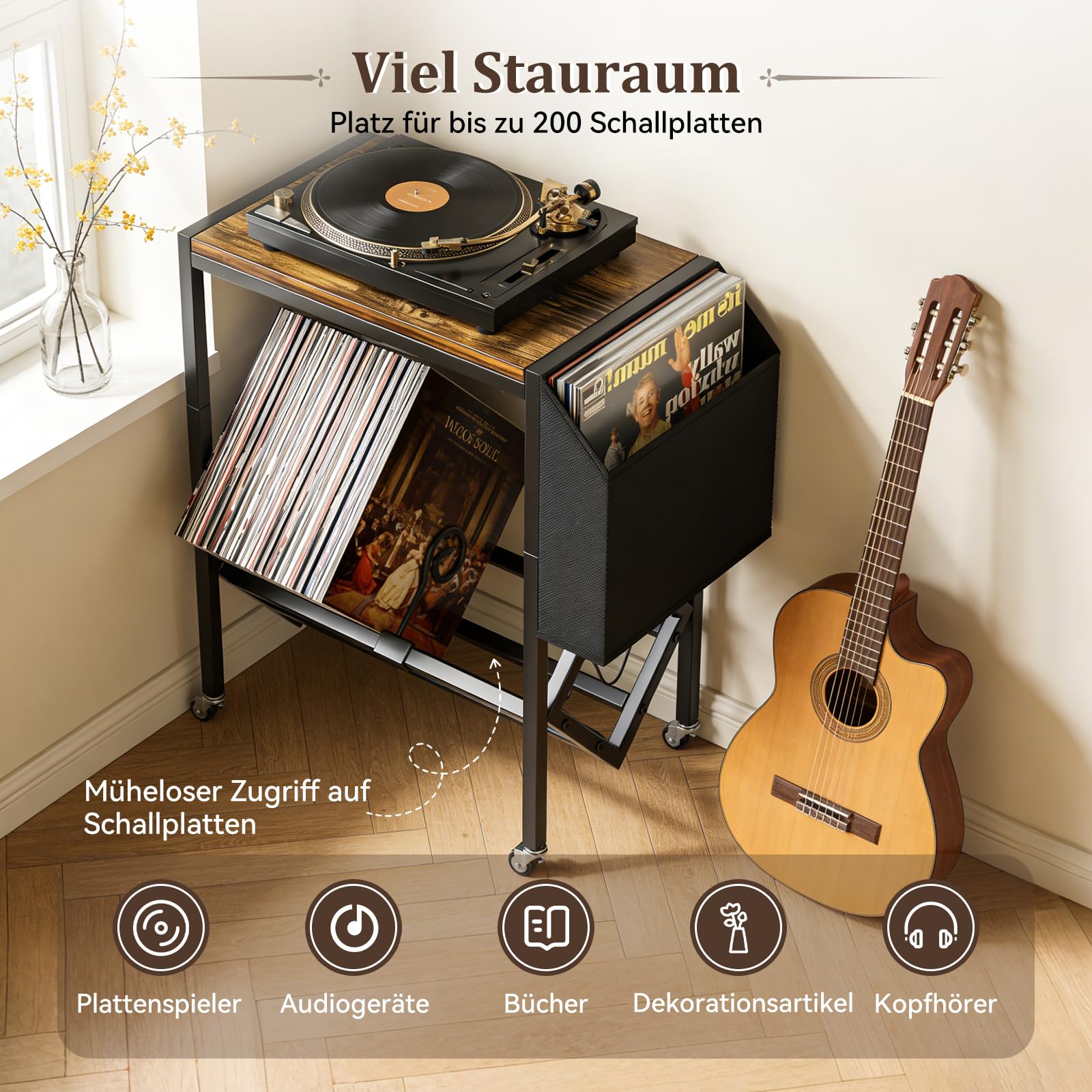 Scaffale per giradischi, per 120 dischi in vinile, supporto per giradischi, supporto per dischi in vinile DJ, con organizer per soggiorno, camera da letto, ufficio
