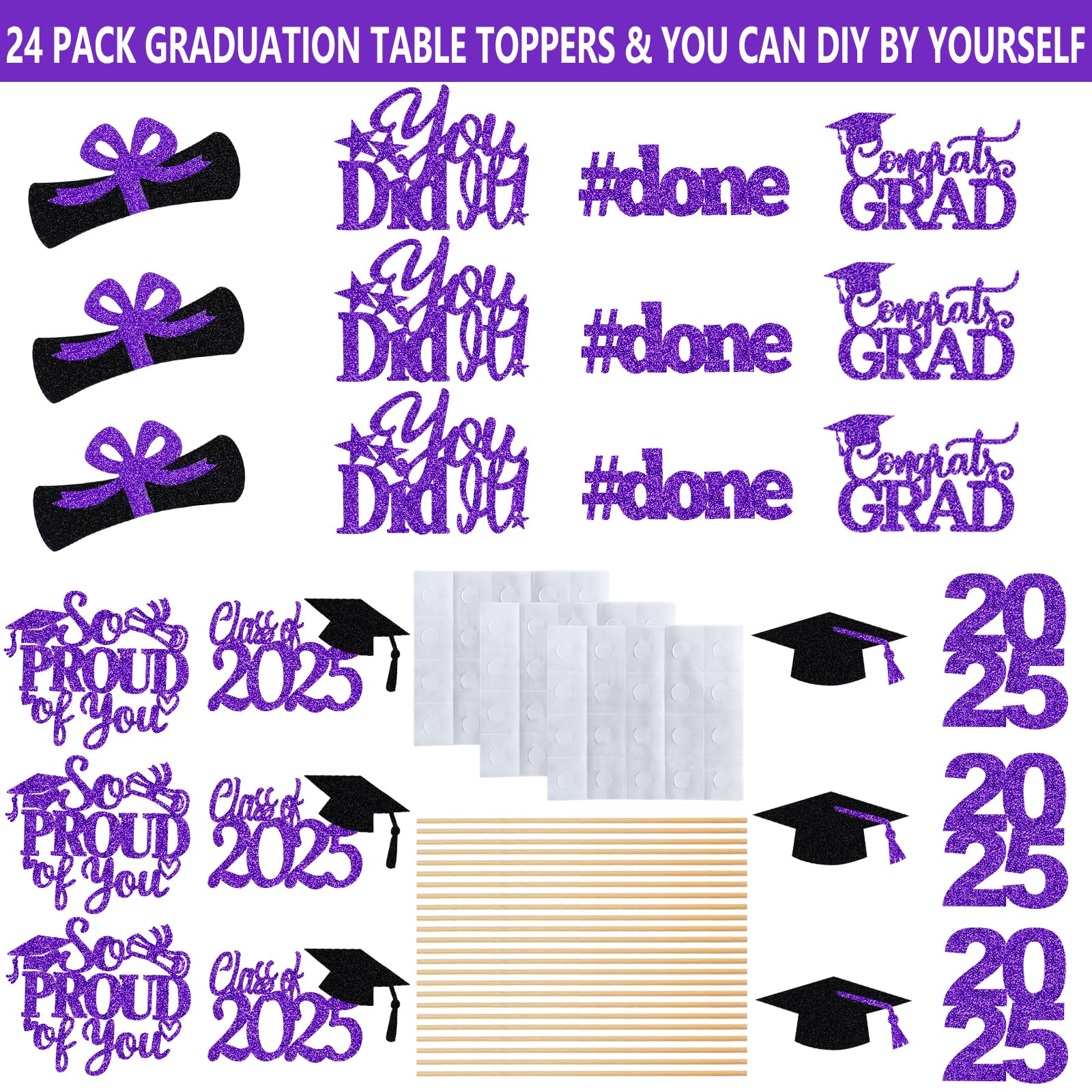 24Pcs 2025 Graduation Table Centerpieces Purple, Graduation Centerpieces for Tables 2025 Purple Graduation Centerpiece Sticks for Graduation Party Table Decorations 2025 Purple