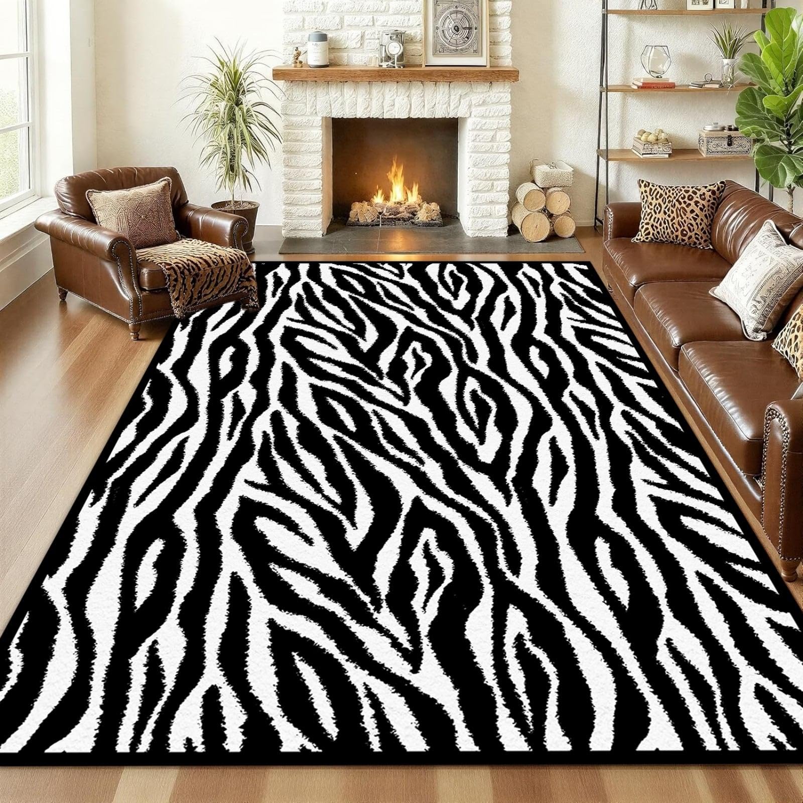 ZLXMN Zebra Print Rug 160x230cm Faux Animal Black & White Zebra Stripe Print Rug,Low-Pile Soft Non-Slip Carpet,Western Decor Indoor Mats for Back Door Doorway Office Living Room