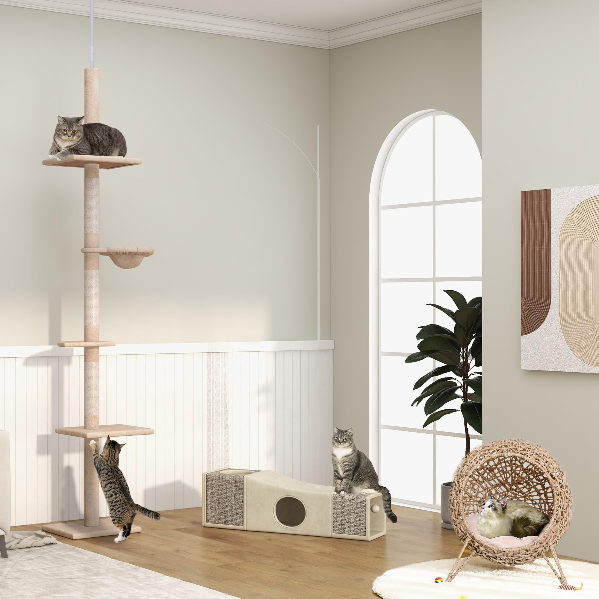 PawHut Domek dla kotów z rattanu z poduszką, miejsce do spania dla kota z podwyższonymi nóżkami, naturalny, Ø 52 x 58 cm | Miejsce do spania dla kotów, z podwyższonymi nóżkami