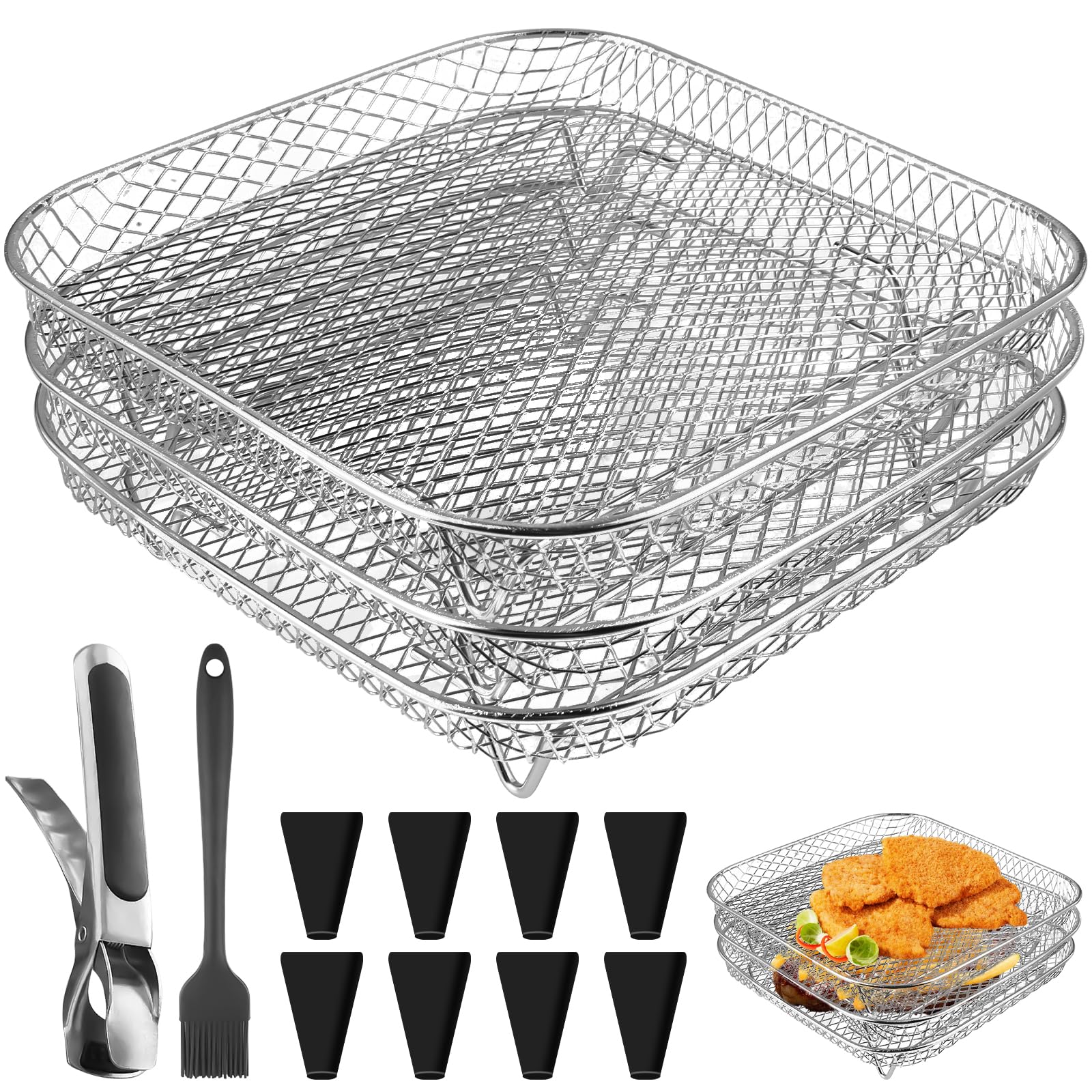 GOMETY 3 pezzi Air Fryer Rack in acciaio inox 304 Airfryer Rack accessori cestello impilabile friggitrice ad aria calda quadrata Air Fryer Tray Griglia con piedini in silicone, pinzette, spazzola