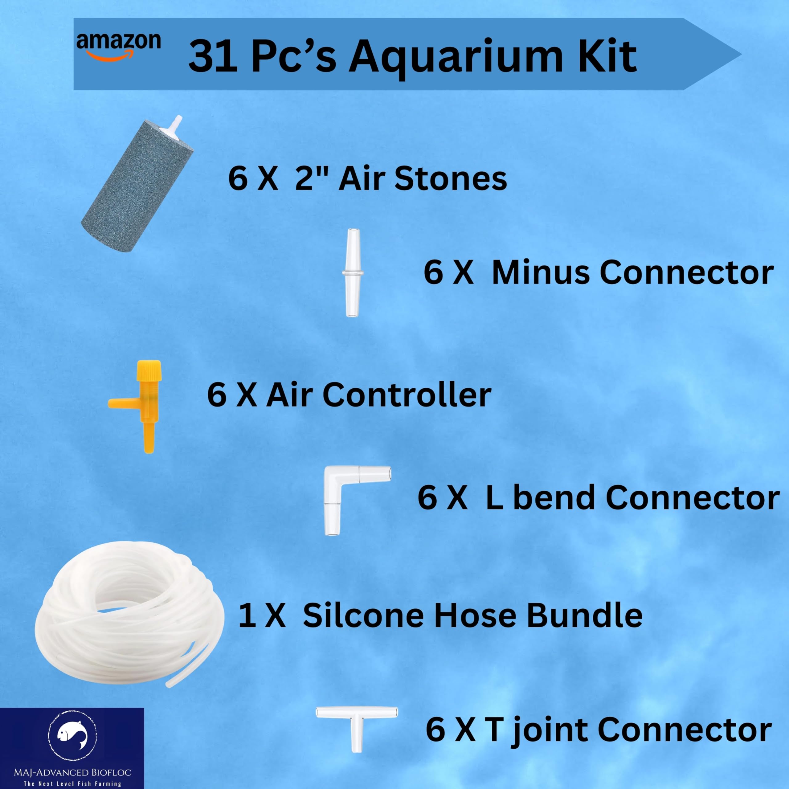 MAJ Biofloc® 31 Pcs Aquarium Air Pump Accessories Kit - Air Stones, Silicone Airline Tubing, Air Controllers, T Connectors, L Connectors & Straight Connectors - Complete Fish Tank Aeration & Oxy Kit 1