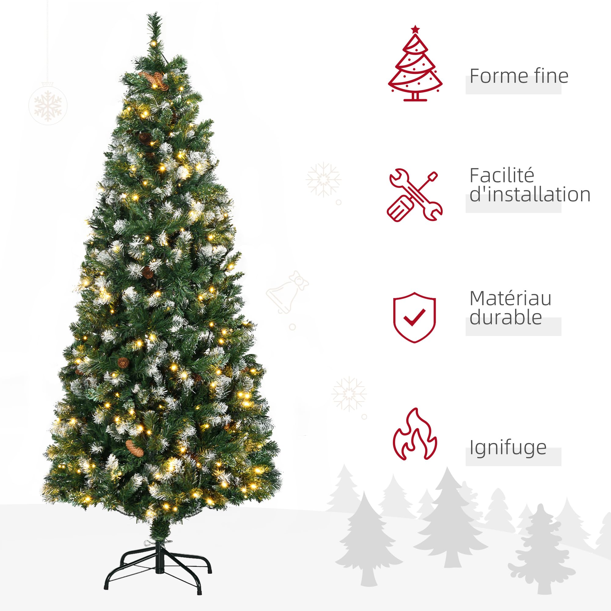 HOMCOM Sapin De Noël Artificiel Lumineux 180 cm 703 Branches 250 LED Vert | 30 Pommes De Pin, Support Pied Pliable, Ø 80