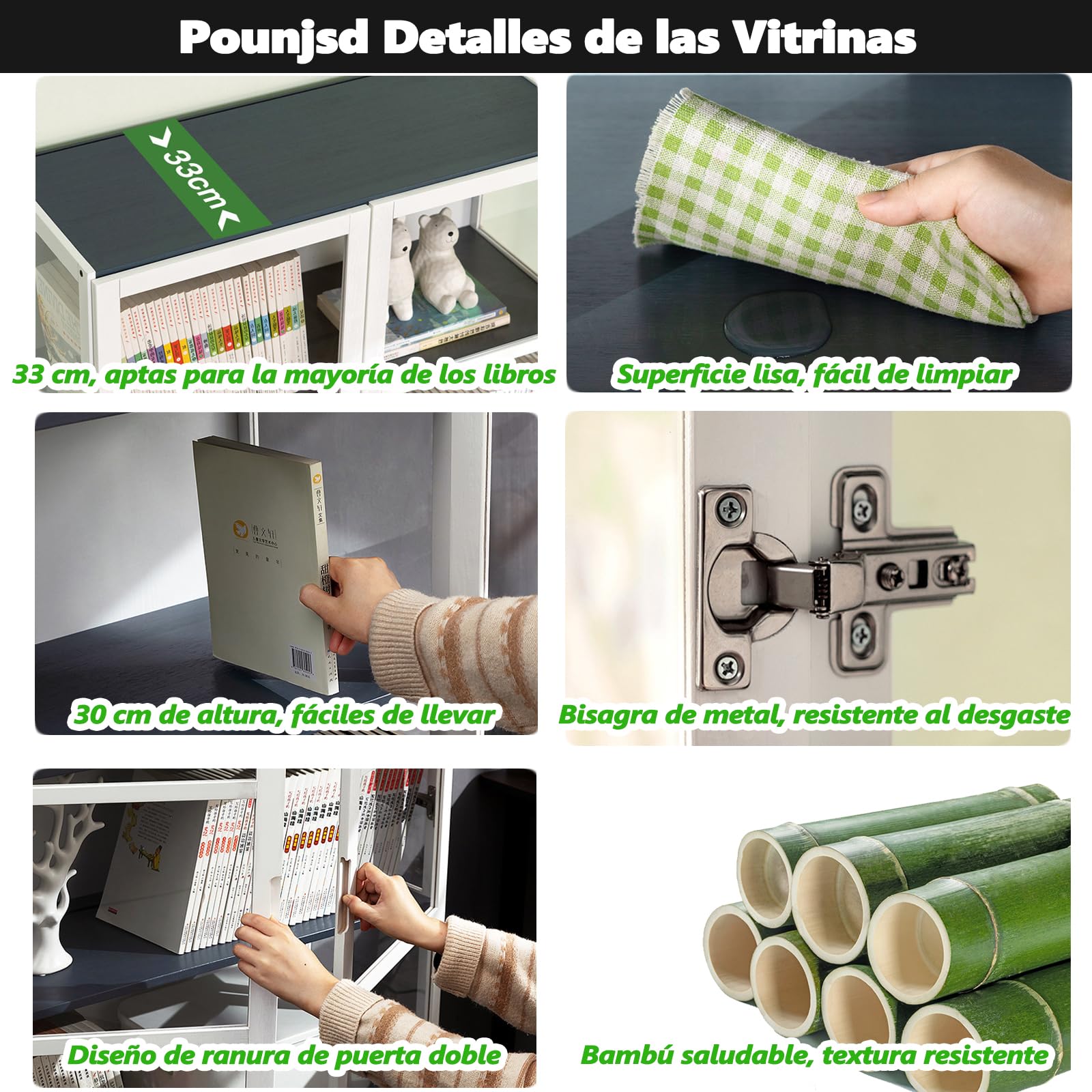 Vitrina Expositora para Colecciones, vitrinas de Cristal, libreria con Puertas, vitrinas+expositoras+Marco Bambu, estanteria Figuras Coleccion 62 * 33 * 130cm(4 Capas) Blanco