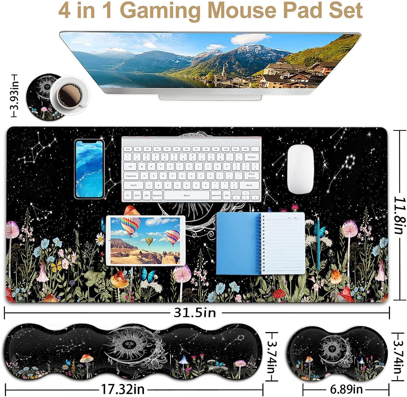 Large Black Mouse Pad, Gaming Mouse Pad Memory Foam Keyboard Wrist Rest, Office Desk Pad with Stitched Edges,Laptop Desk Table Protector,Wildflowers Butterfly Starry Sky Writing Mat,Extended Desk Mat
