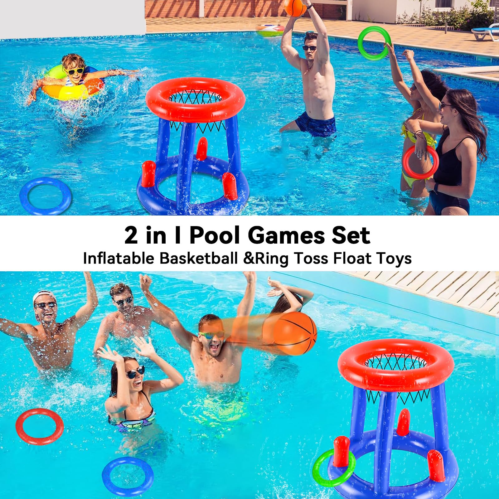 Canestro Gonfiabile per Piscina, 2 in 1 di Canestro da Basket Galleggiante e Gioco di Lancio degli Anelli Gonfiabile, Giocattolo da Gioco Acquatico per Piscina Estiva, Adatto a Bambini e Adulti