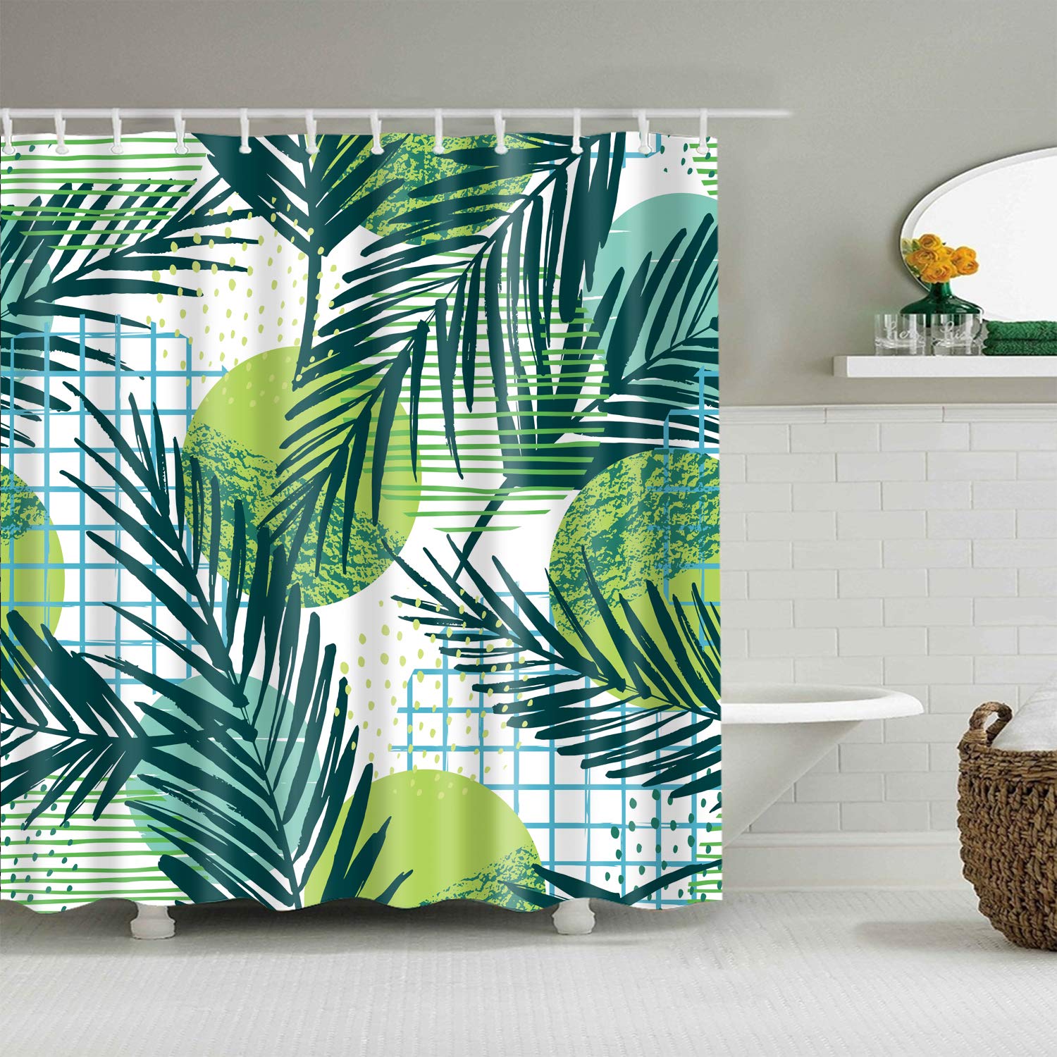StoneMaxi 180x180cm Flower Shower Curtain for Bathroom, 100% Polyester Fabric Waterproof Anti-Mould Proof Resistant, Quick-Drying, Washable with 12 Pcs Hooks (71 x 71 Inch) (Leaf-11)