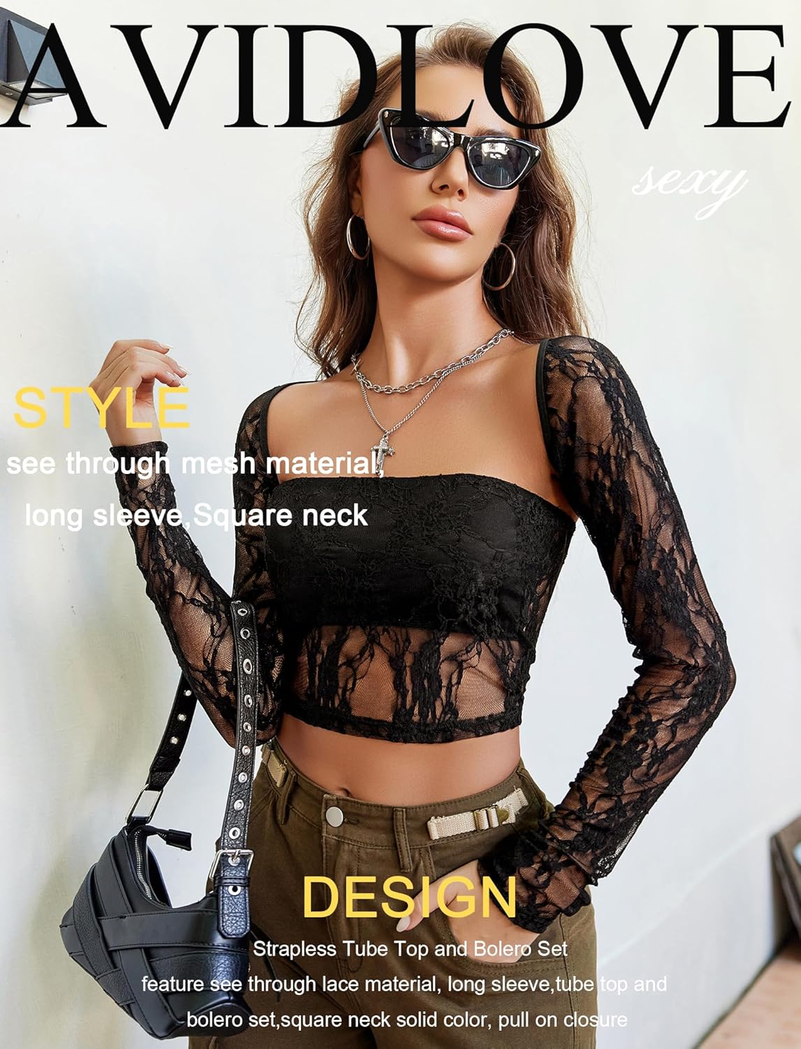 Avidlove Women's Mesh Top Long Sleeve Sheer Blouse See Through Floral Lace Tops - Image 8