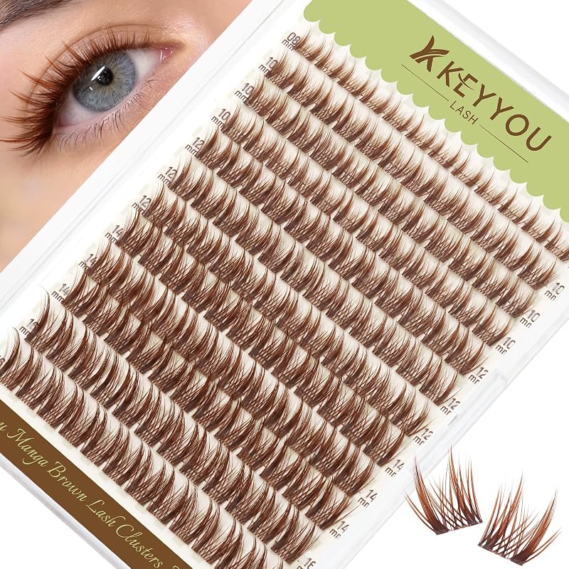 Cílios em tufos castanhos KEYYOU, curvatura C, estilo manga F05, comprimentos mistos de 8 a 16 mm