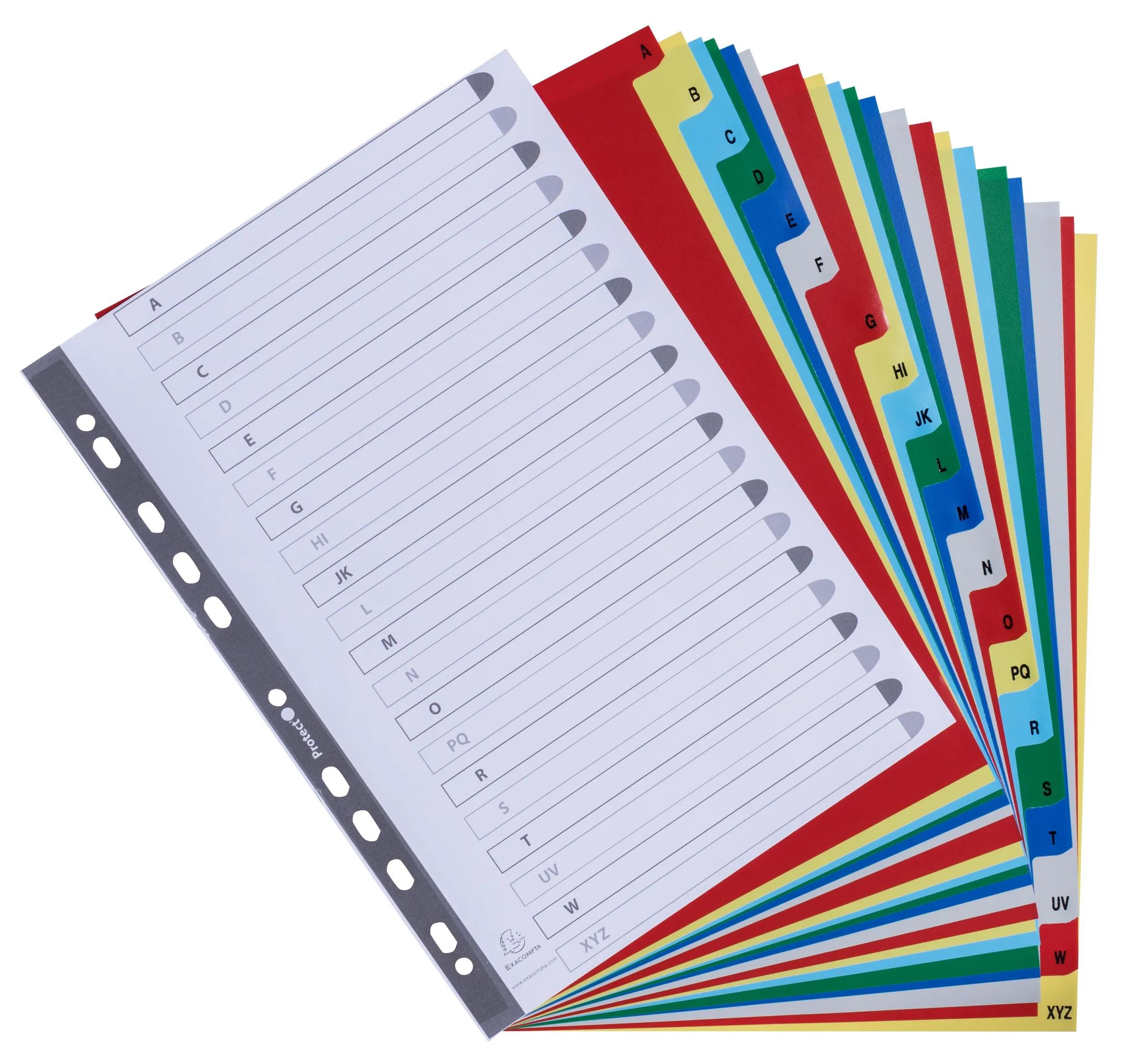 Exacompta - Art.-Nr. 94E – Karton mit 20 Registern aus Polypropylen mit 20 alphabetischen Registern von A bis Z in Farbe – Indexierungsseite – Format A4 – 22,5 x 29,7 cm