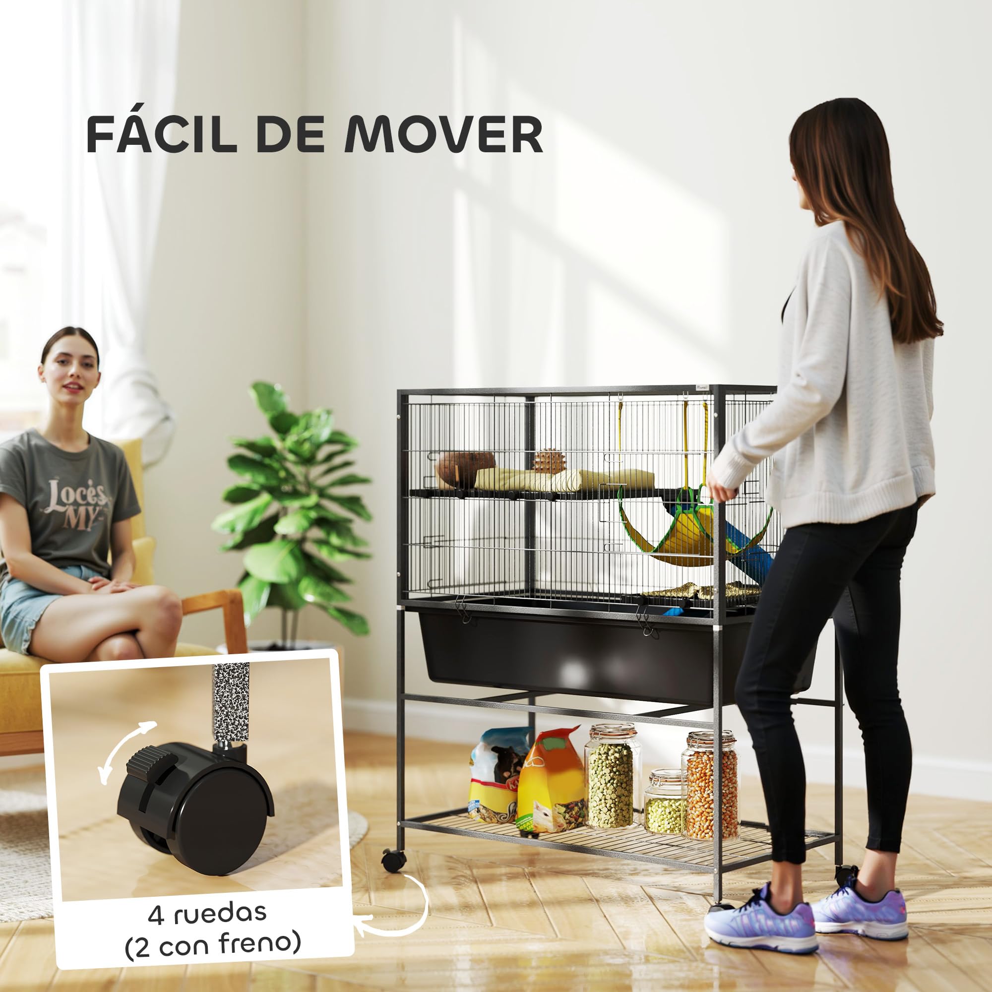 PawHut Jaula Grande para Hurones de 3 Niveles Jaula para Conejos con Ruedas Rampas Hamaca y Bandeja Extraíble Jaula para Animales Pequeños Roedores Chinchillas 88x48x102 cm Gris Oscuro