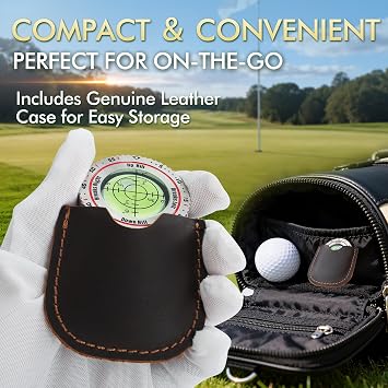 Titanium Steel Golf Green Reader with Genuine Leather Case - High Precision Bubble Level Golf Ball Marker & Putting Alignment Aid - Professional Golfers Gifts for Men Women