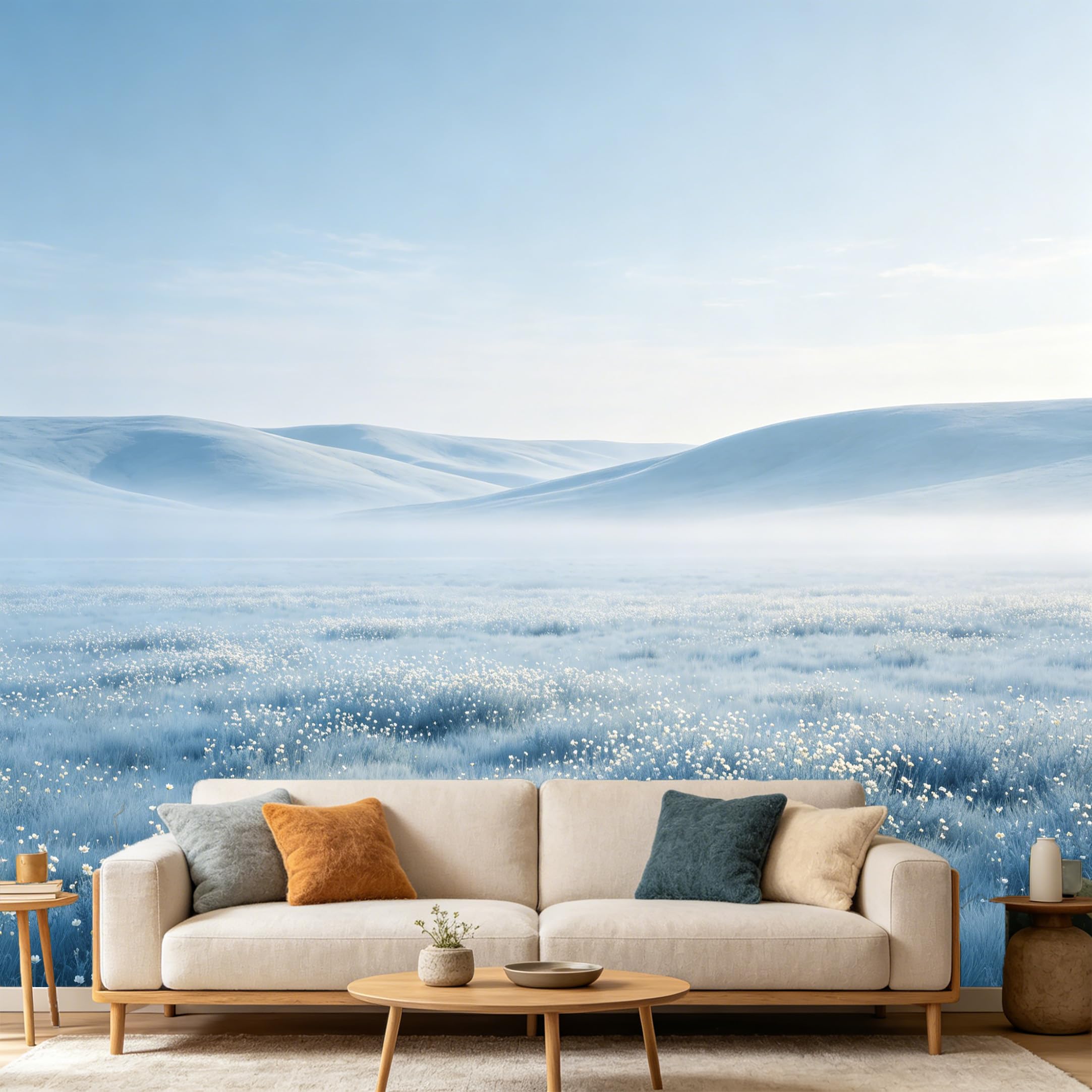 Custom Size Wall Mural Blue Foggy Mountain Landscape Minimalist Serene Meadow Soft Haze SelfAdhesive Art Prints wall Fabric（No PVC） Removable Wallpaper Home Bedroom Decor