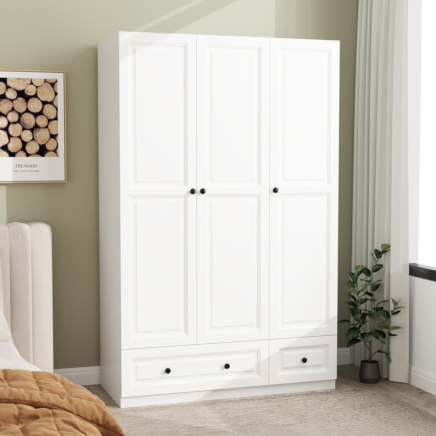 White Grooved Armoire with Shelves,74" Large Armoire Modern Wardrobe Closet with Drawers,Bedroom Wooden Wardrobe Closet of Hanging Rod,Be 3 Door and 2 Drawers(White, 47")