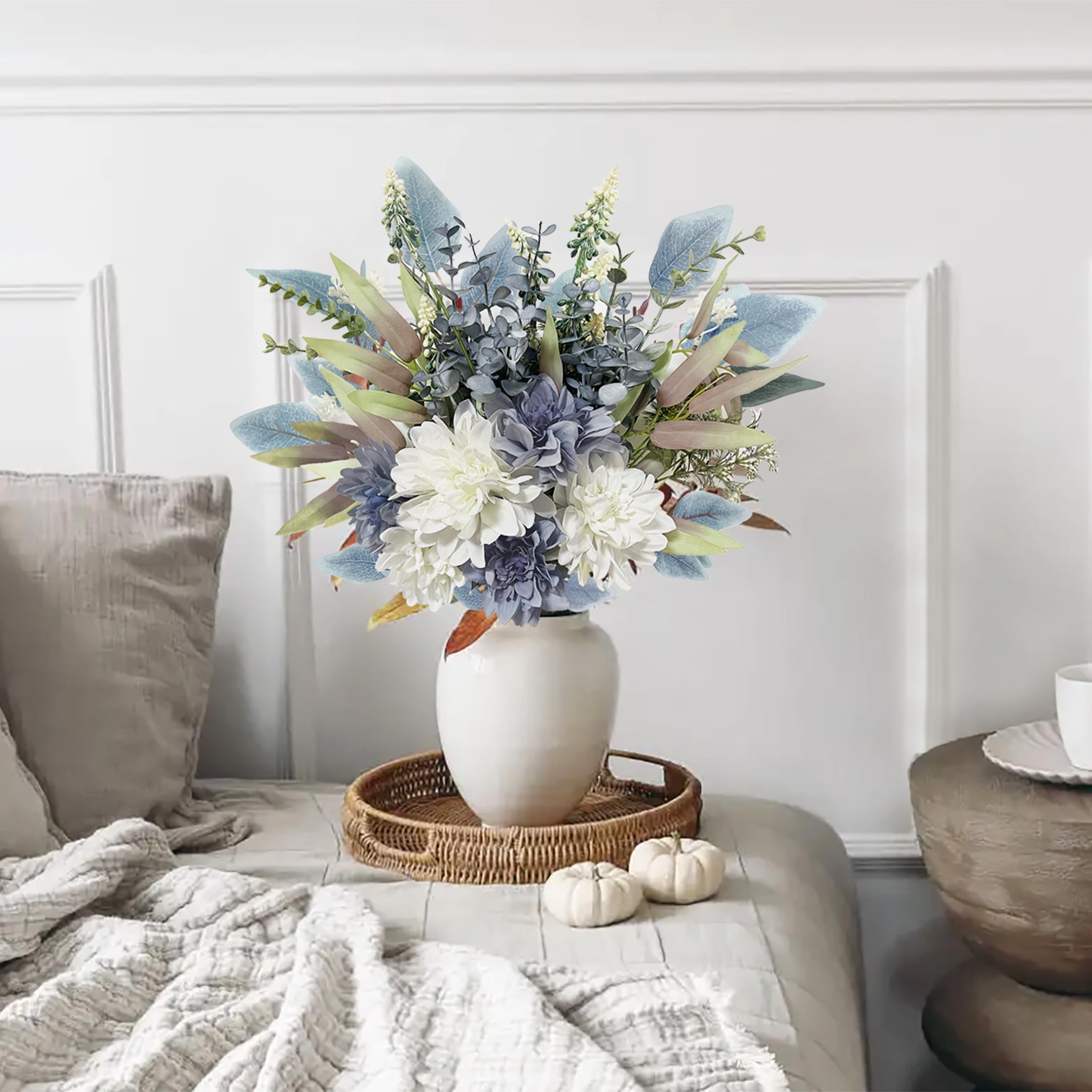 Aoztio Blue White Fake Artificial Flowers Bouquet, Silk Floral Arrangements