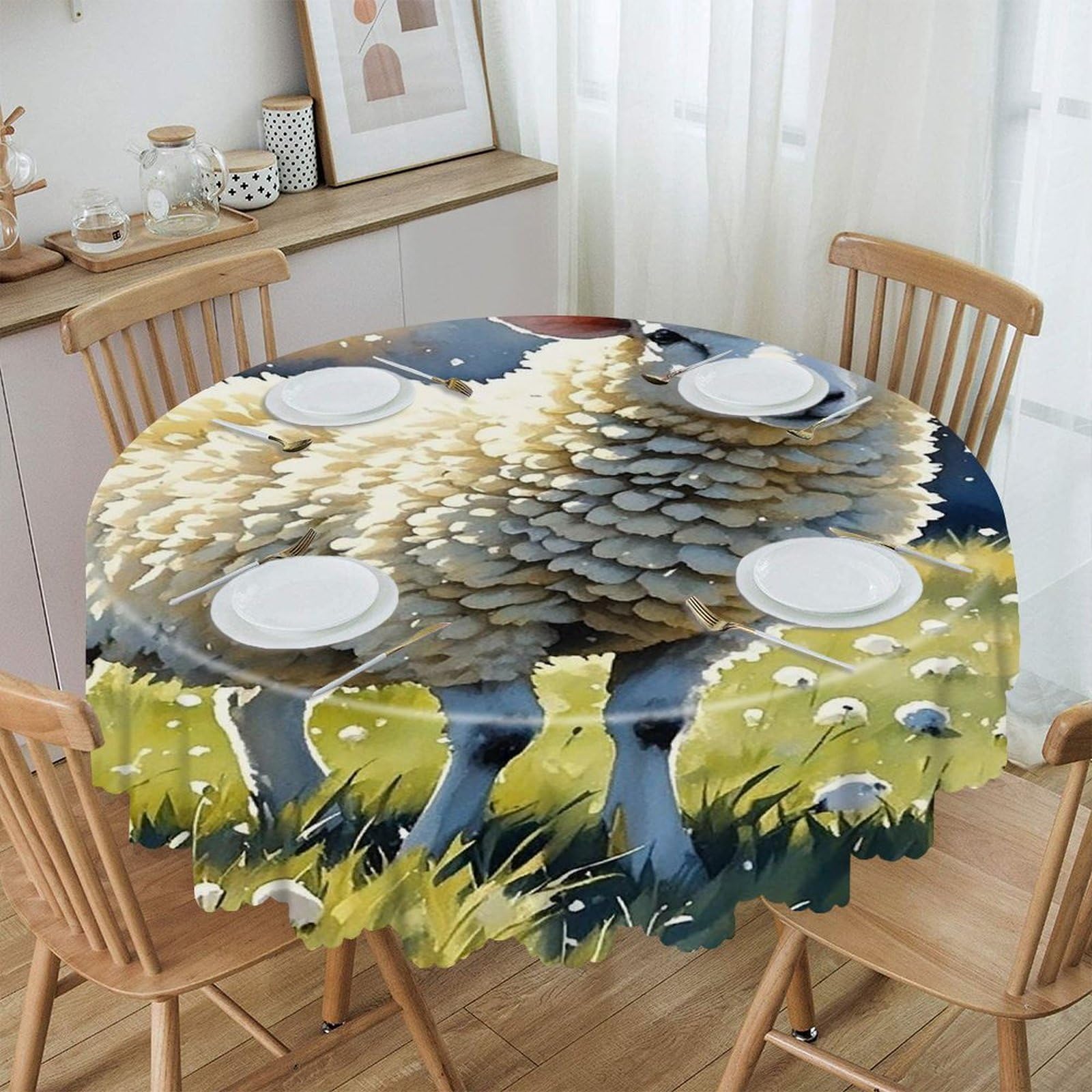 FekiLoot 60 Inch Round Sheeps Watercolor Tablecloth Waterproof Heavy Duty Polyester Table Cloth Spill-Proof Wipeable Table Cover Decorative Circle Dining Tablecover for Party Outdoor