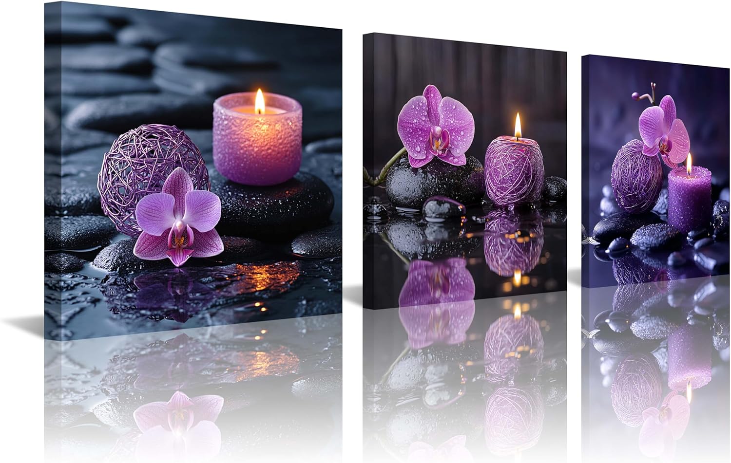NAN Wind 3PCS Zen Canvas Wall Art Purple Orchid Spa Decor Aromatherapy Candle Black Stone Prints Modern Meditation Room Decor Bathroom Yoga Studio Wall Pictures Relaxing Home Artwork Ready to Hang