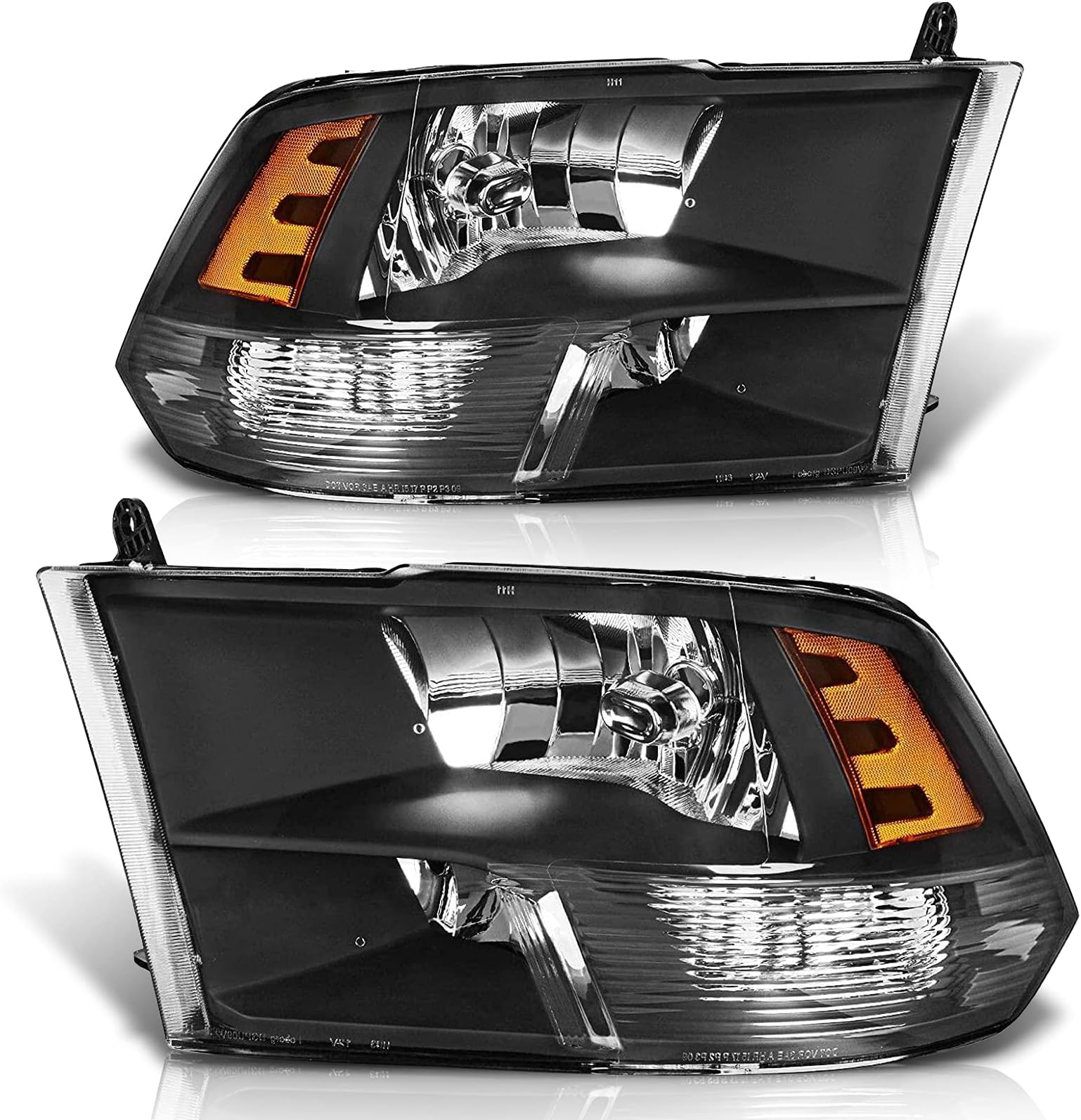 for 2009-2018 Dodge Ram 1500 & Dodge Ram 2500 Halogen Headlight | Fits 2009-2018 Dodge Ram 2500. Black Housing, IP67, Plug & Play, amber reflector, clear lens, Sealed