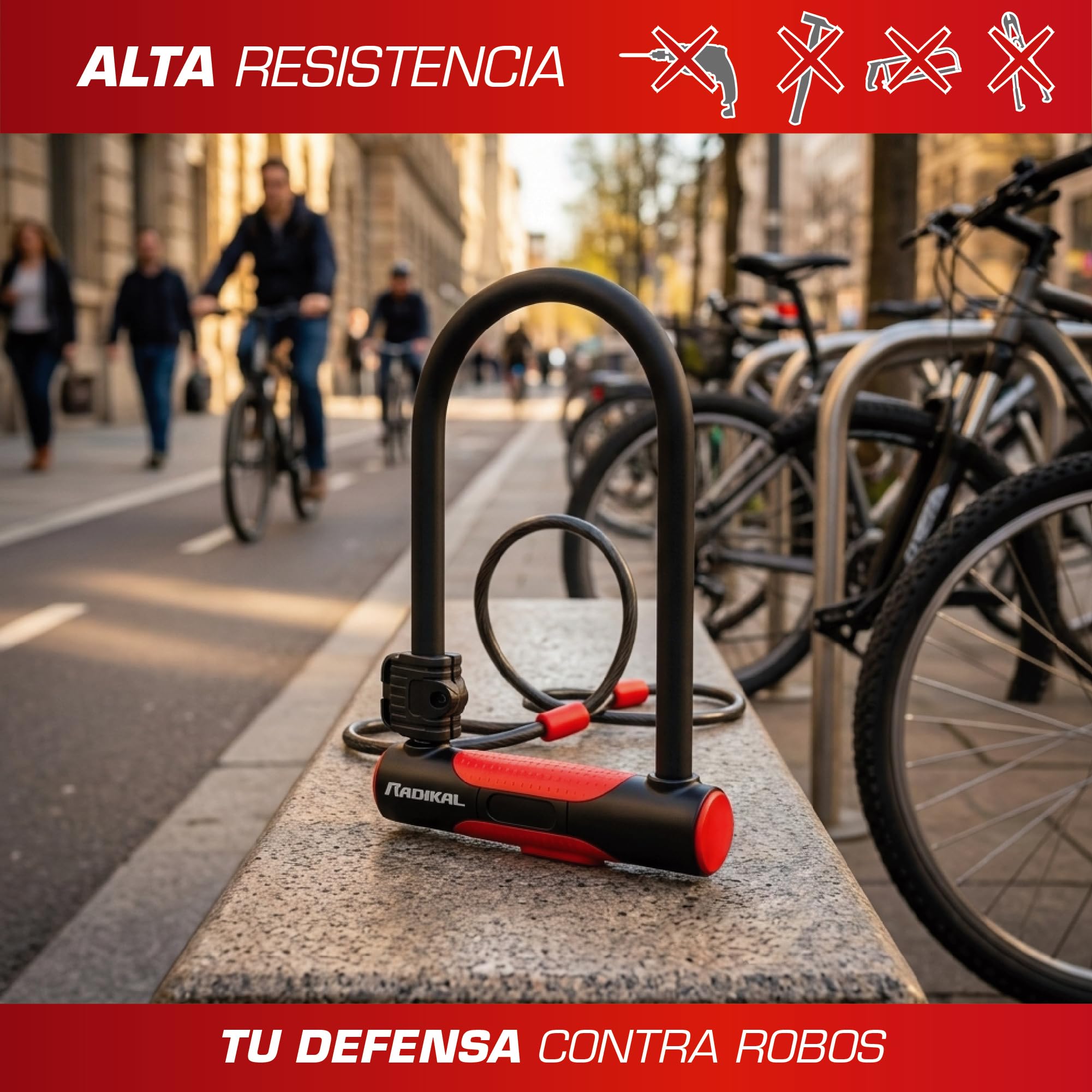 RADIKAL RK470 Candado Bicicleta en U con Cable 120cm, Antirrobo Bicicleta Acero Endurecido + Soporte, U Lock Bici Seguridad Urbana Resistente y Portátil, Candado Patinete Eléctrico, Scooter, 3 Llaves