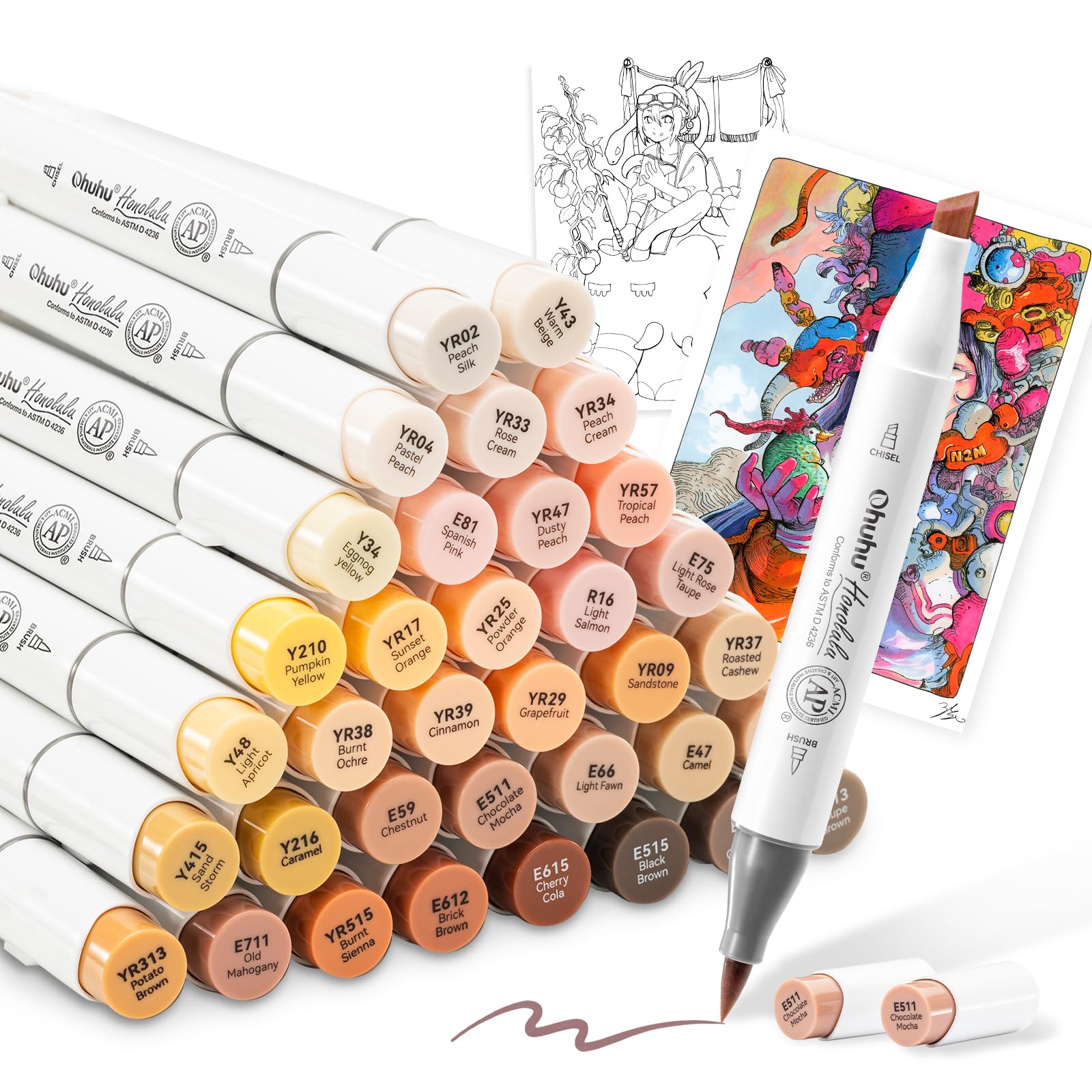 Amazon | Ohuhu マーカーペン 筆タイプ 36色 肌色系 プロ愛用 イラスト