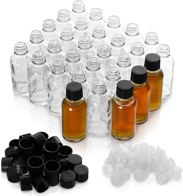 Belle Vous Mini Boston Liquor Bottles (30 Pack) - Reusable 30ml (1oz) Empty Spirit Glass Bottles with Black Screw Caps - Easy Pouring, Bottle Filling - Miniature Bottles for Weddings, Parties
