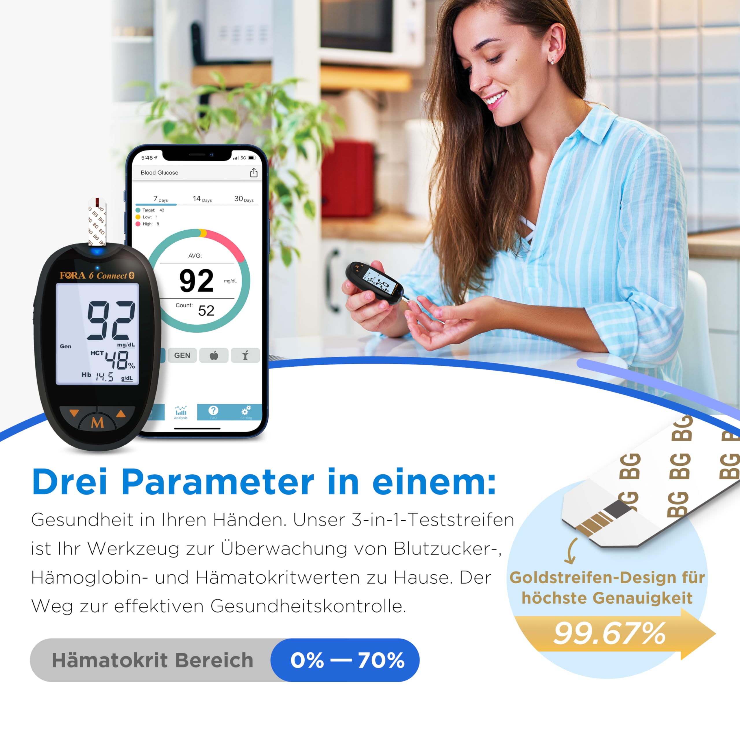 FORA 6 Connect Blutzuckermessgerät (mg/dl) set mit 50 Stück, einzeln verpackt Blutzucker-, Hämatokrit- und Hämoglobin-Teststreifen (3-in-1: BG, HCT, HB), Schwarz