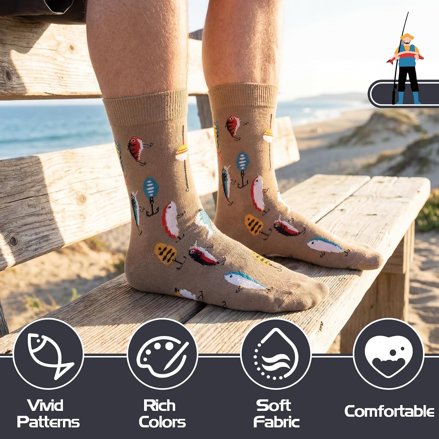 Jspupifip 3/6 Pairs Funny Fishing Socks for Men, Novelty Cotton Dress Crew Sock Gift for Dad Grandpa Fish Lover