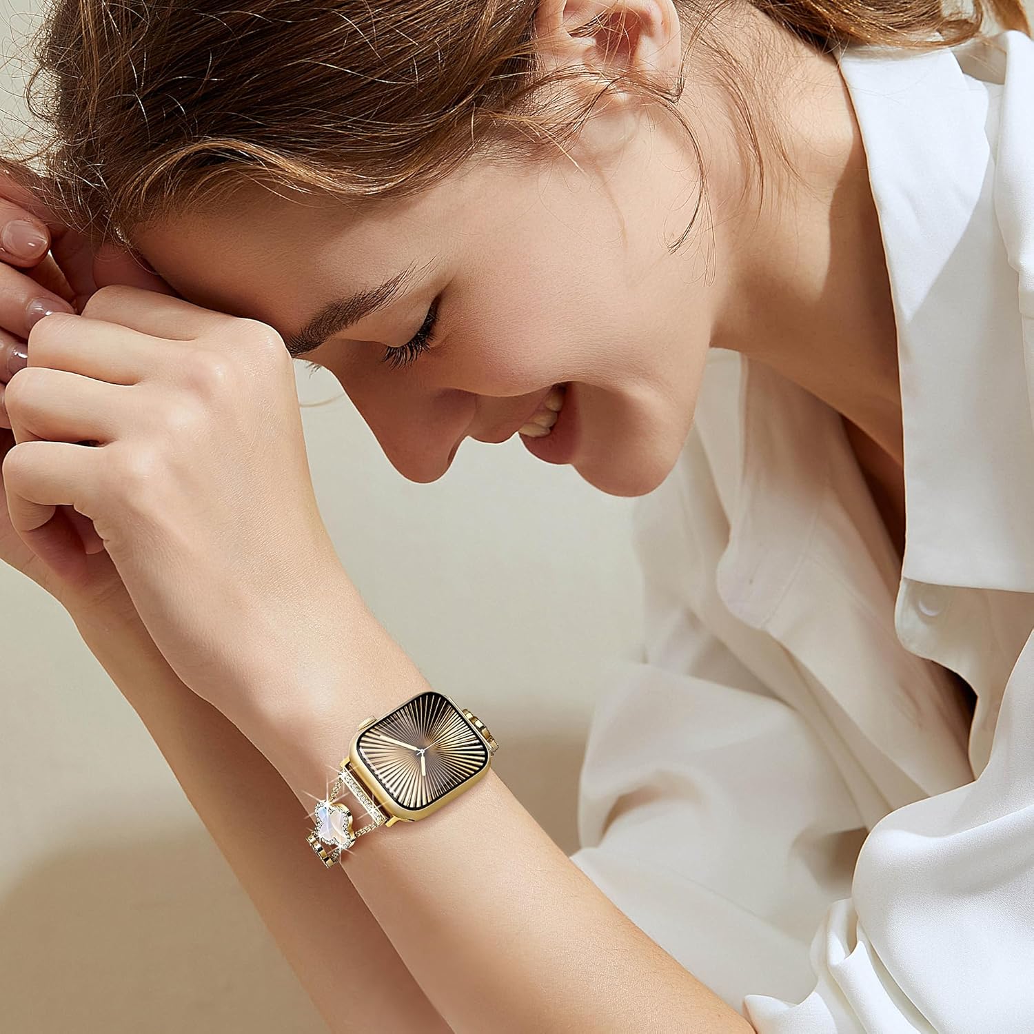 wipalor Four-Leaf Clover Band Fit Bling Apple Watch Bands for Women 42mm 41mm 40mm 38mm, Thin Metal Sparkly iWatch Bands Slim Glitter for iPhone Watch Bands Series 11 10 9 8 7 6 5 4 3 2 1 SE-Gold - Image 6